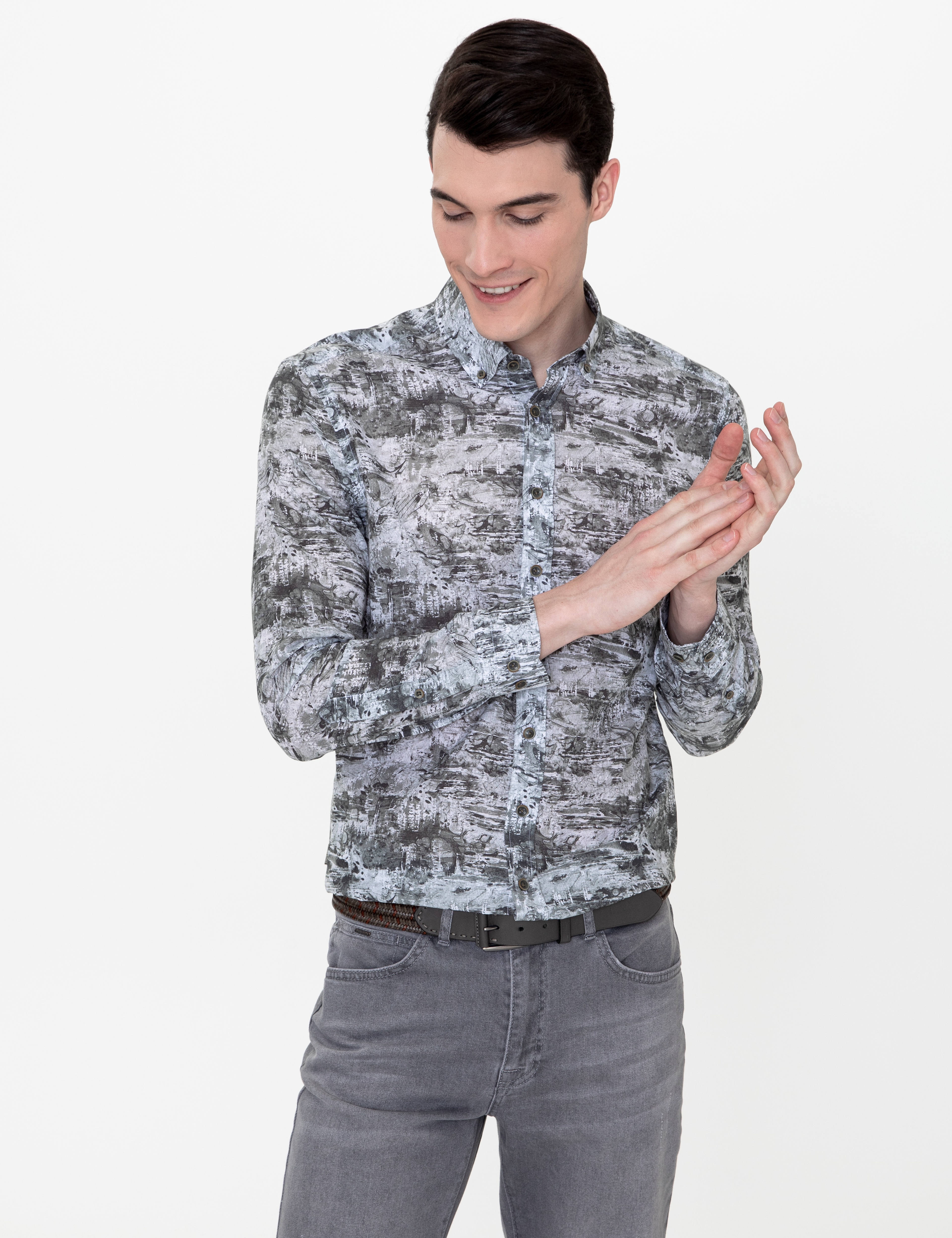Haki Slim Fit Uzun Kollu Gömlek - Image 3