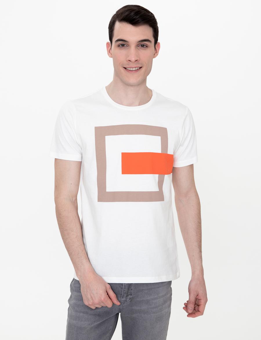 Ekru Slim Fit Baskılı Bisiklet Yaka Tişört