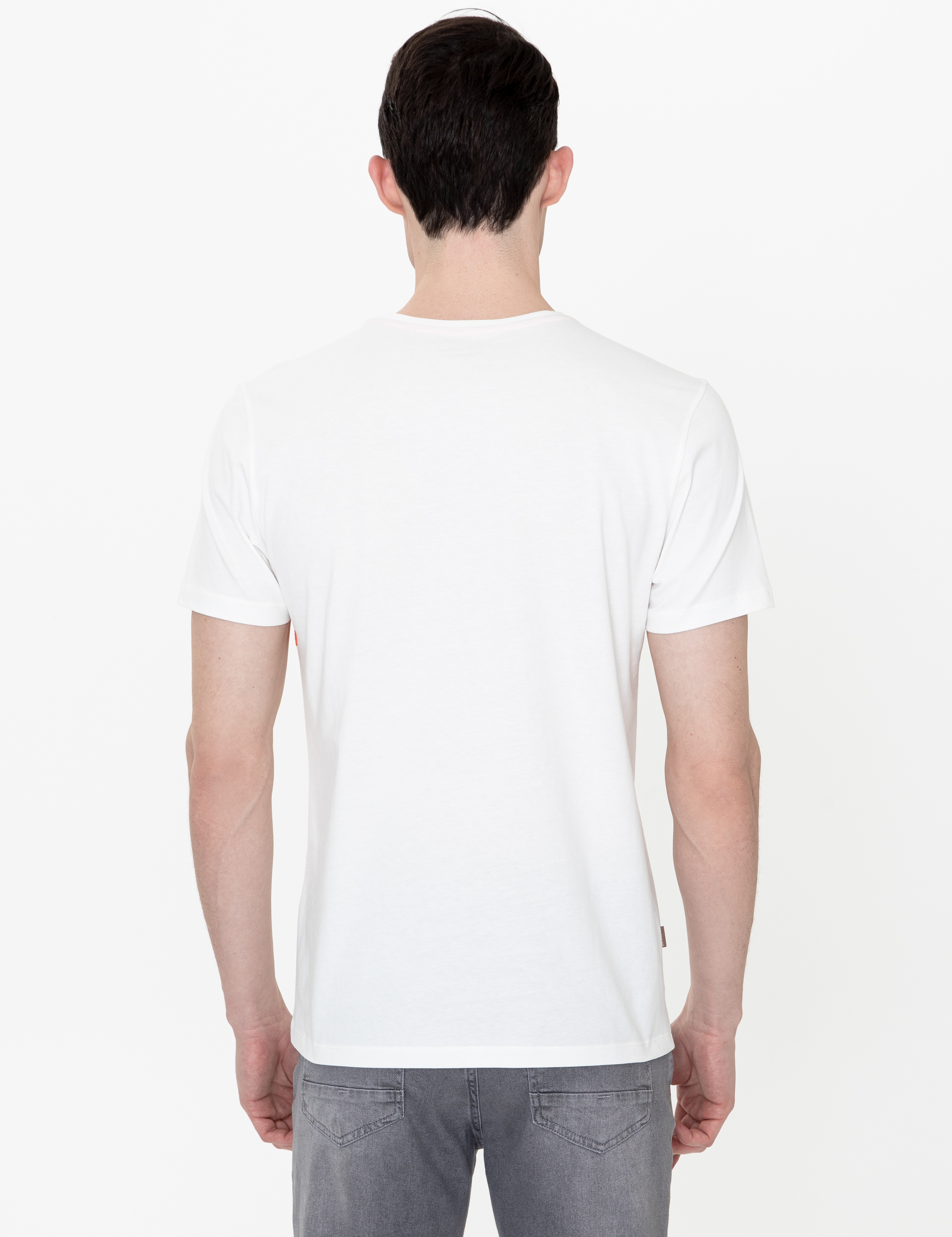Ekru Slim Fit Baskılı Bisiklet Yaka Tişört - Image 4