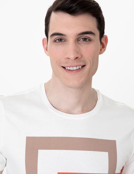 Ekru Slim Fit Baskılı Bisiklet Yaka Tişört - 50249705006