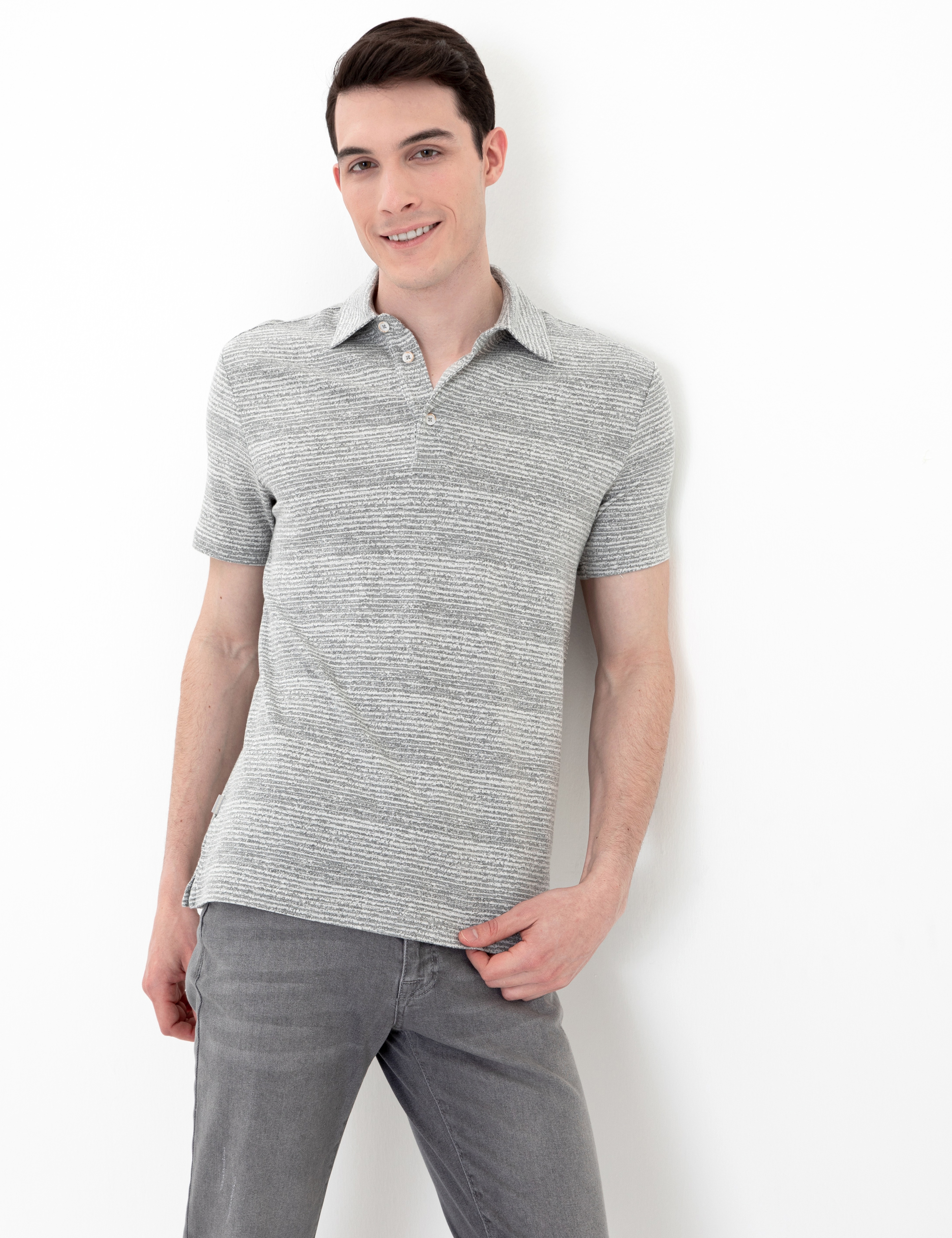 Gri Melanj Slim Fit Baskılı Polo Yaka Tişört - Image 1
