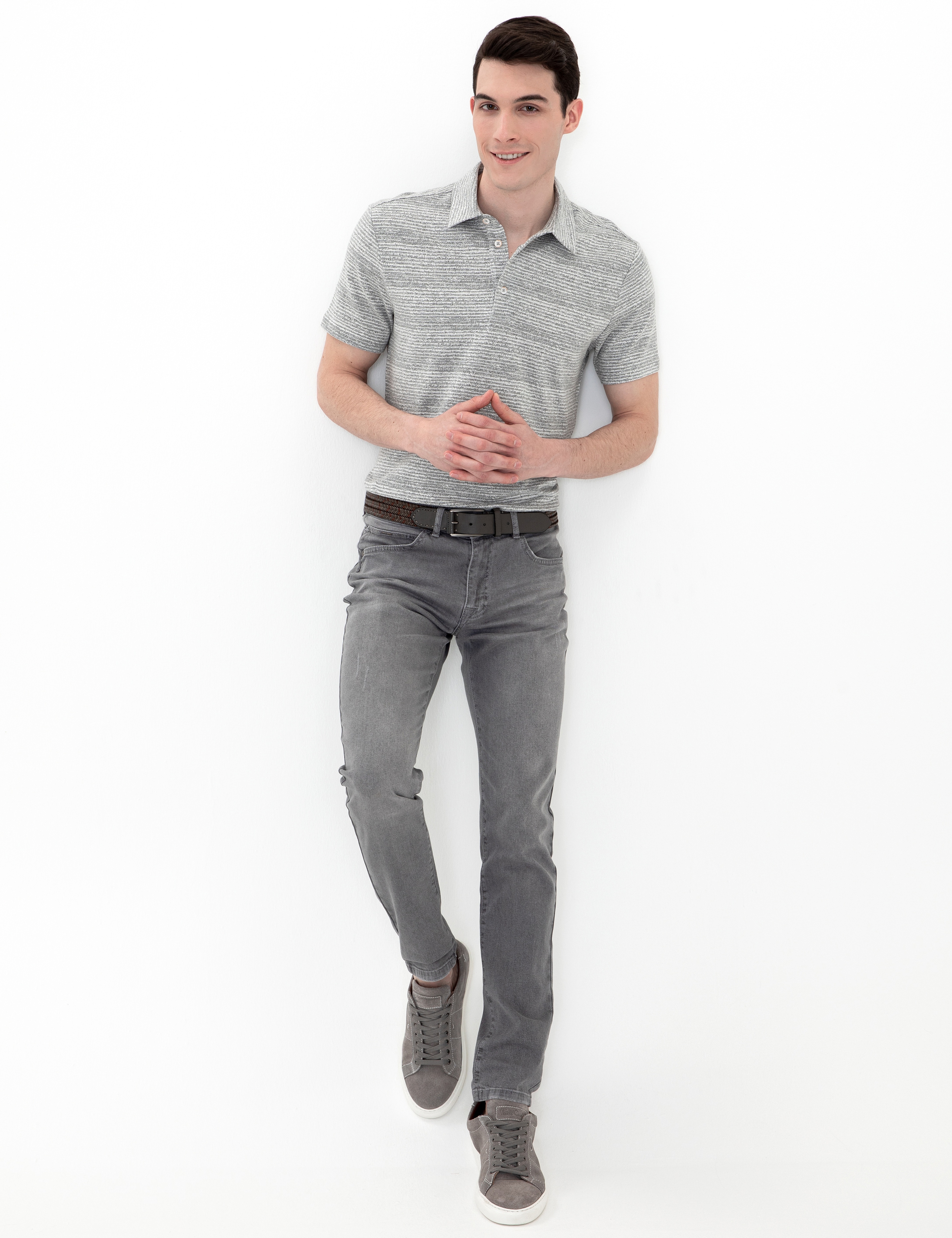 Gri Melanj Slim Fit Baskılı Polo Yaka Tişört - Image 5