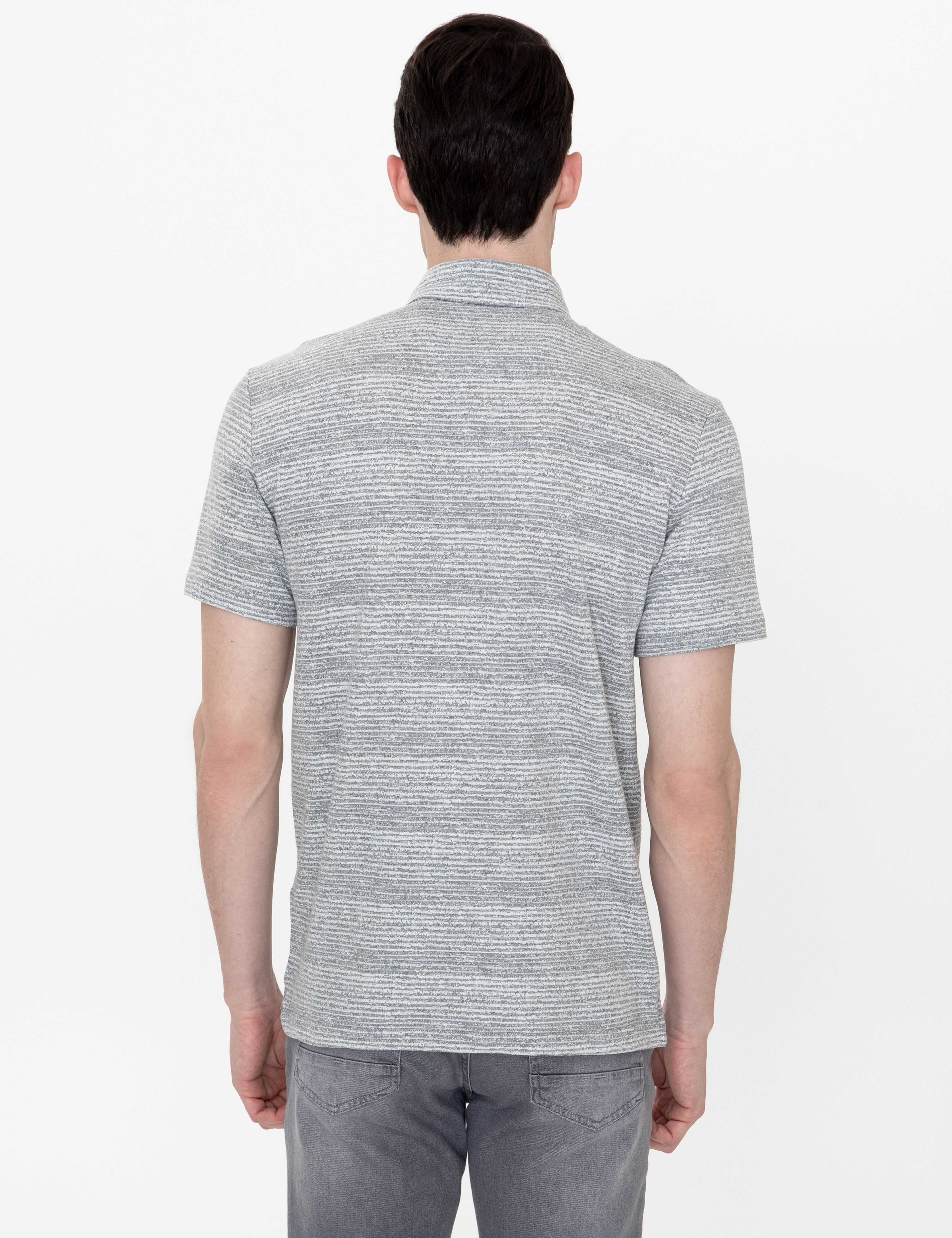Gri Melanj Slim Fit Baskılı Polo Yaka Tişört