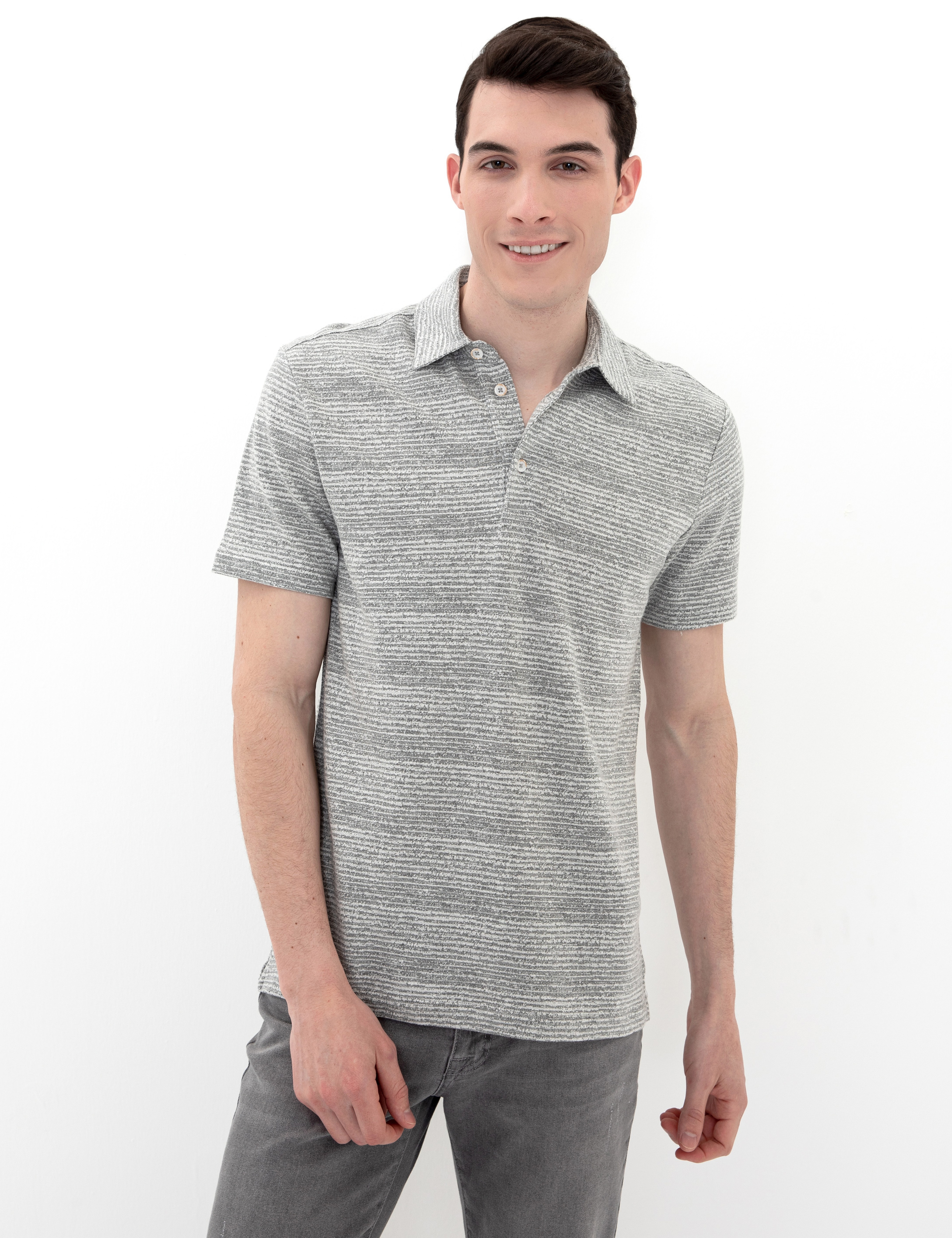 Gri Melanj Slim Fit Baskılı Polo Yaka Tişört - Image 3