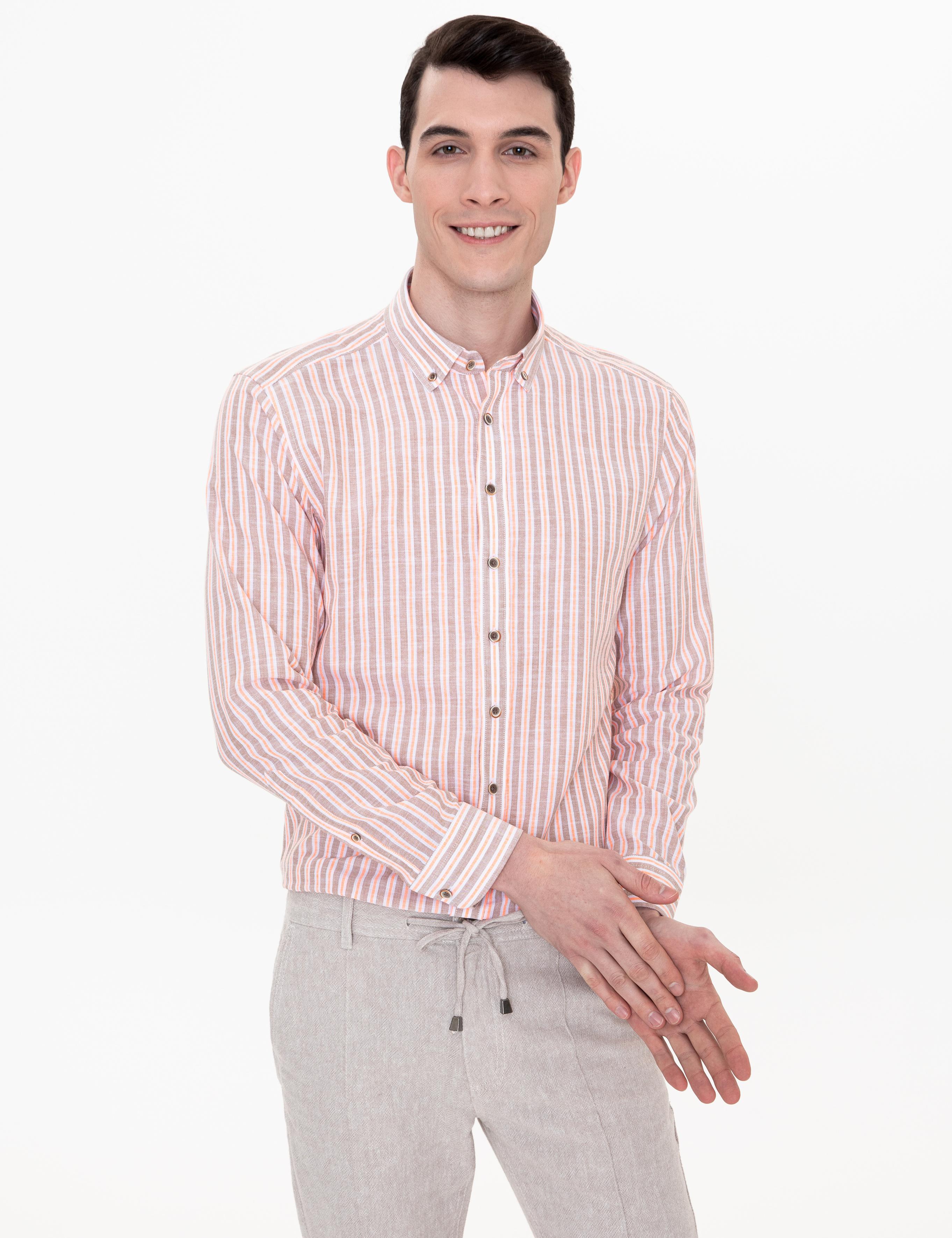 Açık Kahverengi Slim Fit Uzun Kollu Gömlek