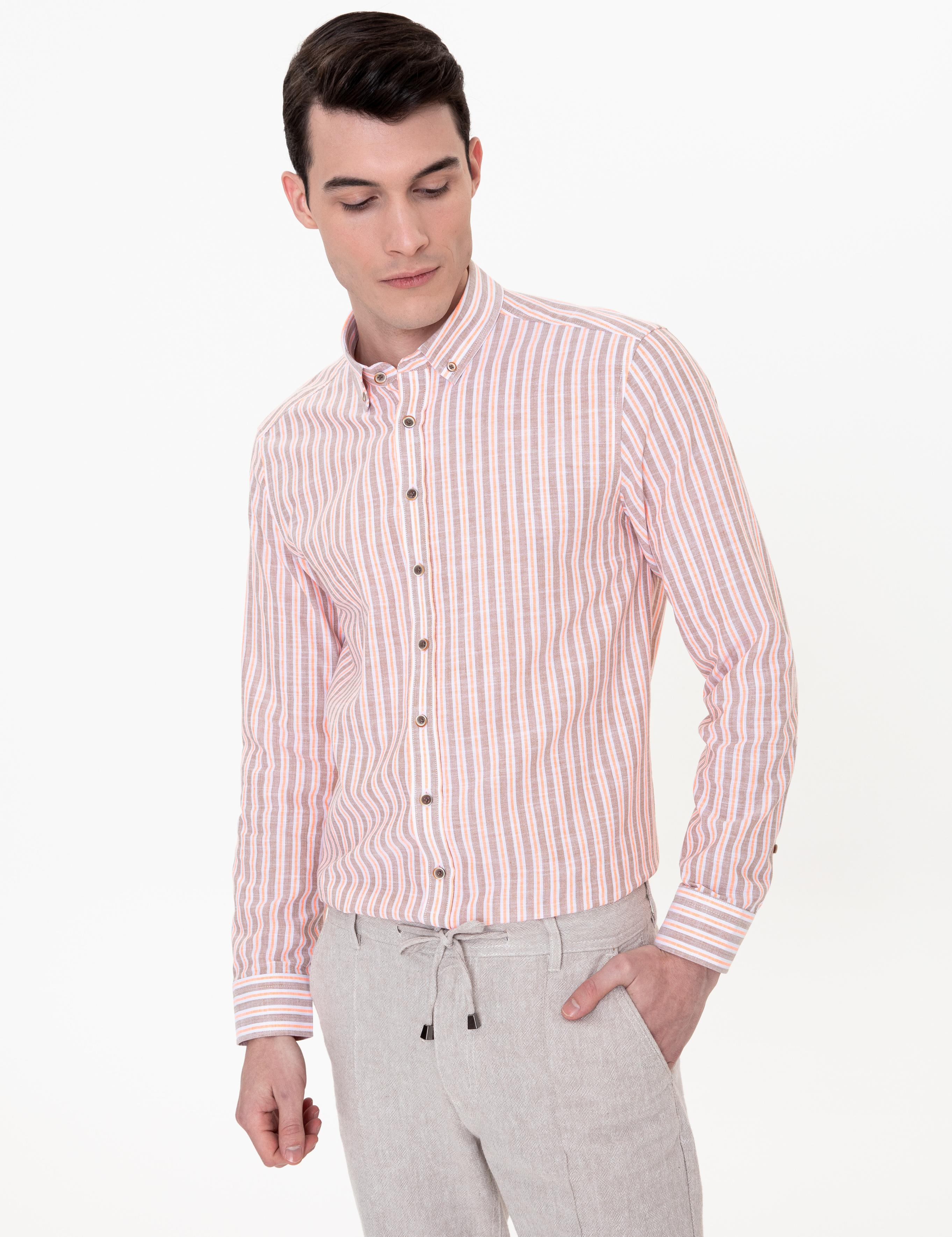 Açık Kahverengi Slim Fit Uzun Kollu Gömlek