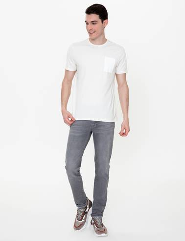 Ekru Slim Fit Bisiklet Yaka Tişört