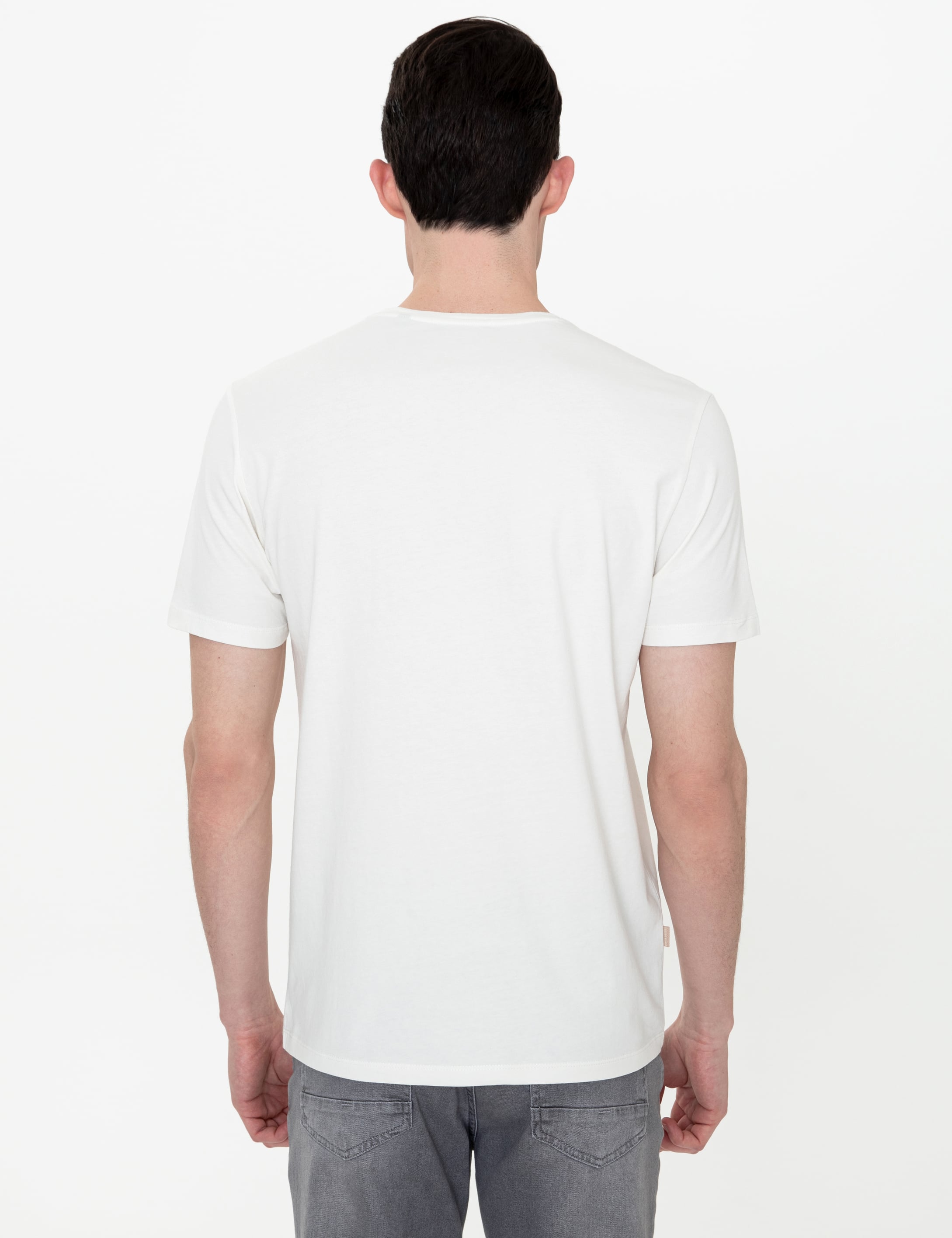 Ekru Slim Fit Bisiklet Yaka Tişört - Image 4