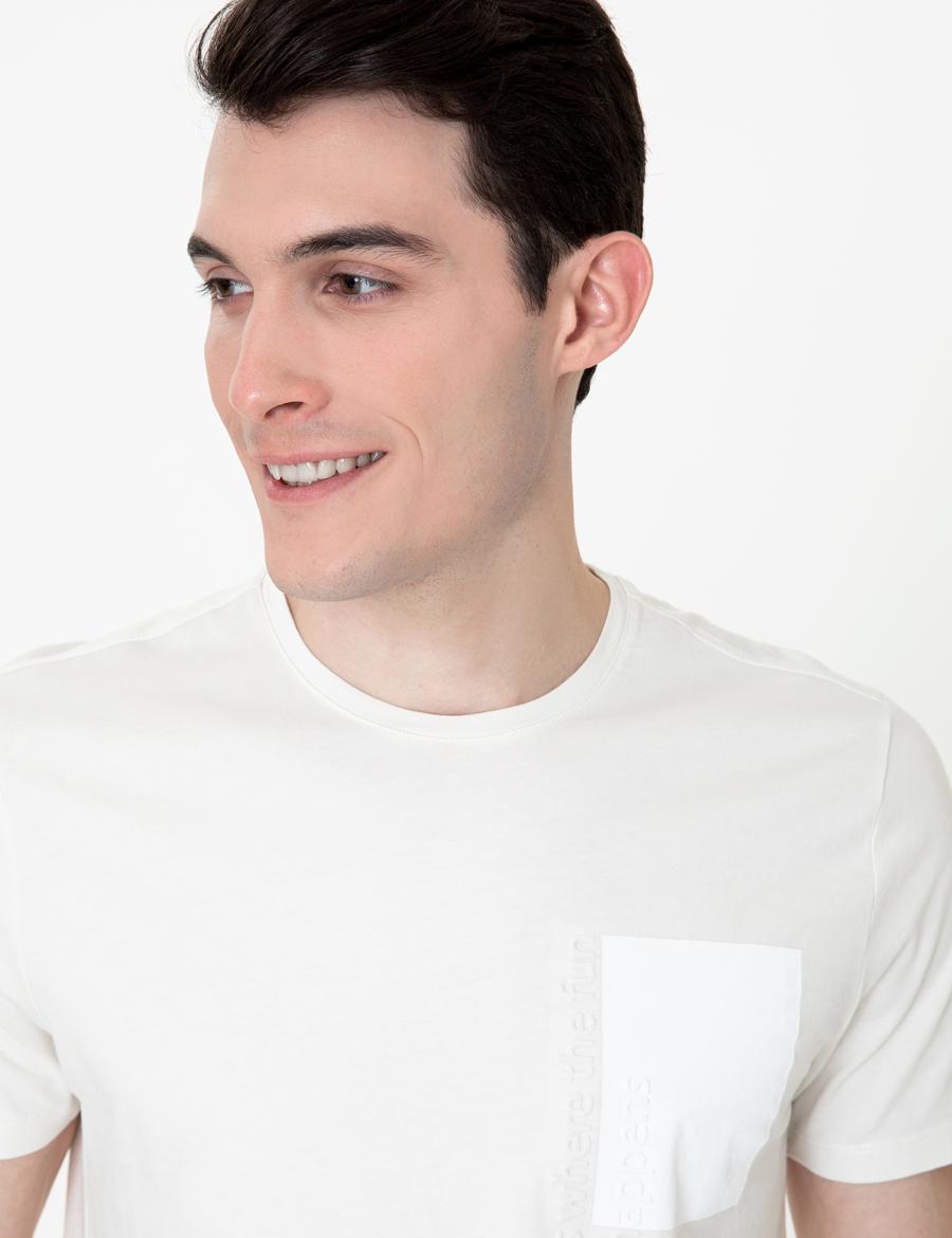 Ekru Slim Fit Bisiklet Yaka Tişört