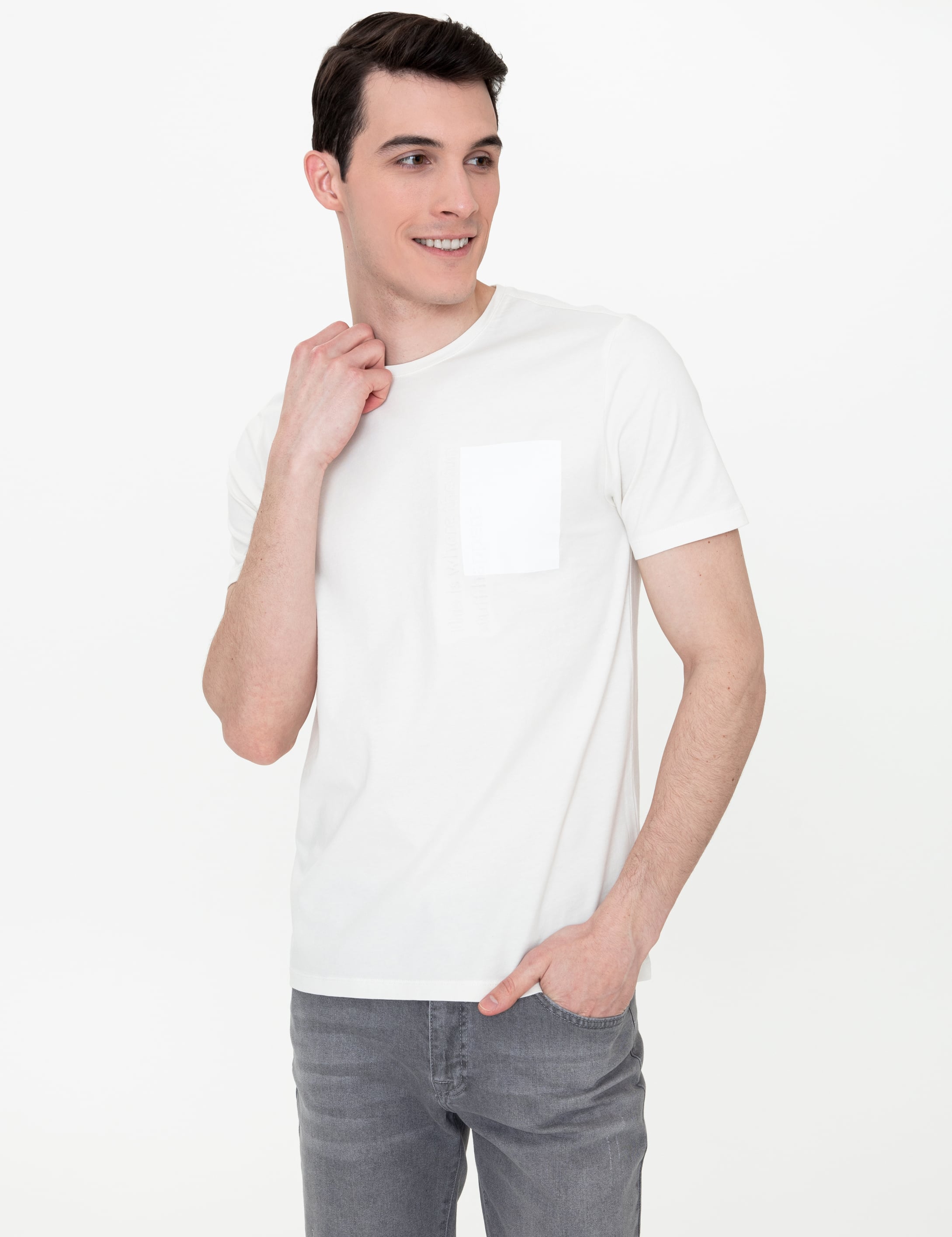 Ekru Slim Fit Bisiklet Yaka Tişört - Image 3