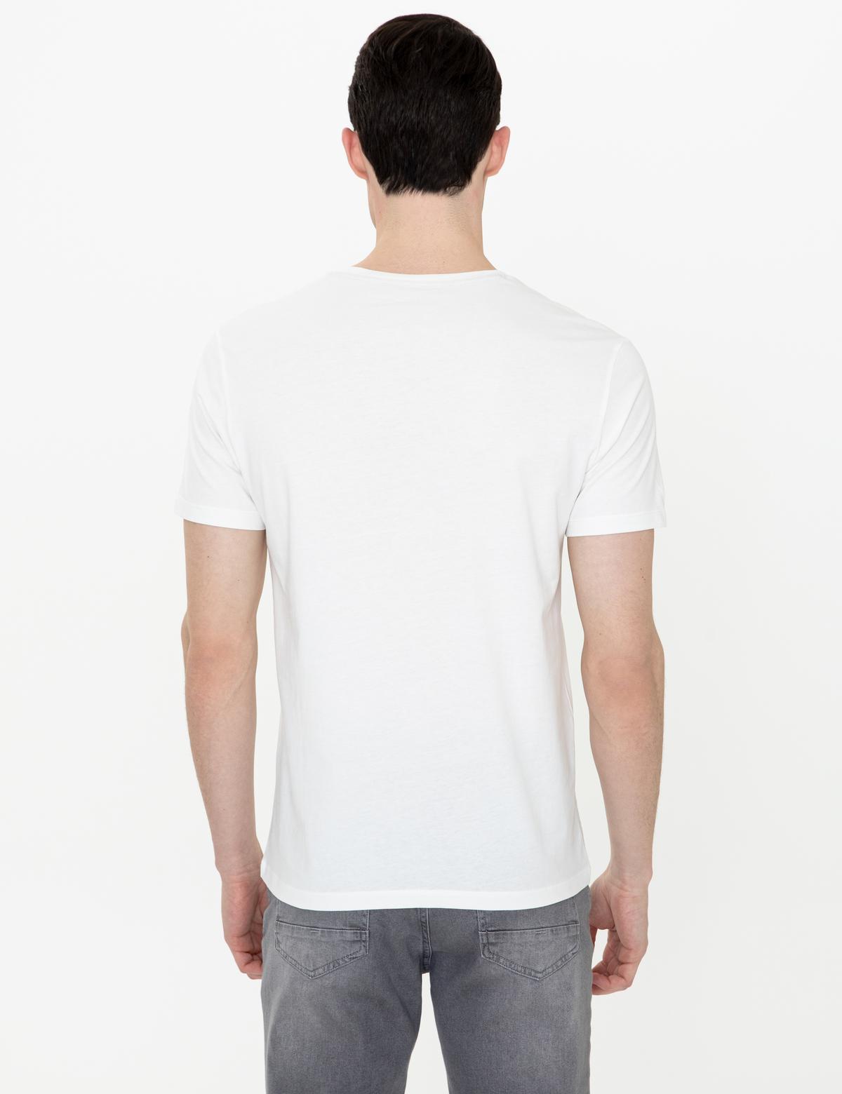 Ekru Slim Fit Baskılı Bisiklet Yaka Tişört - 50249799014