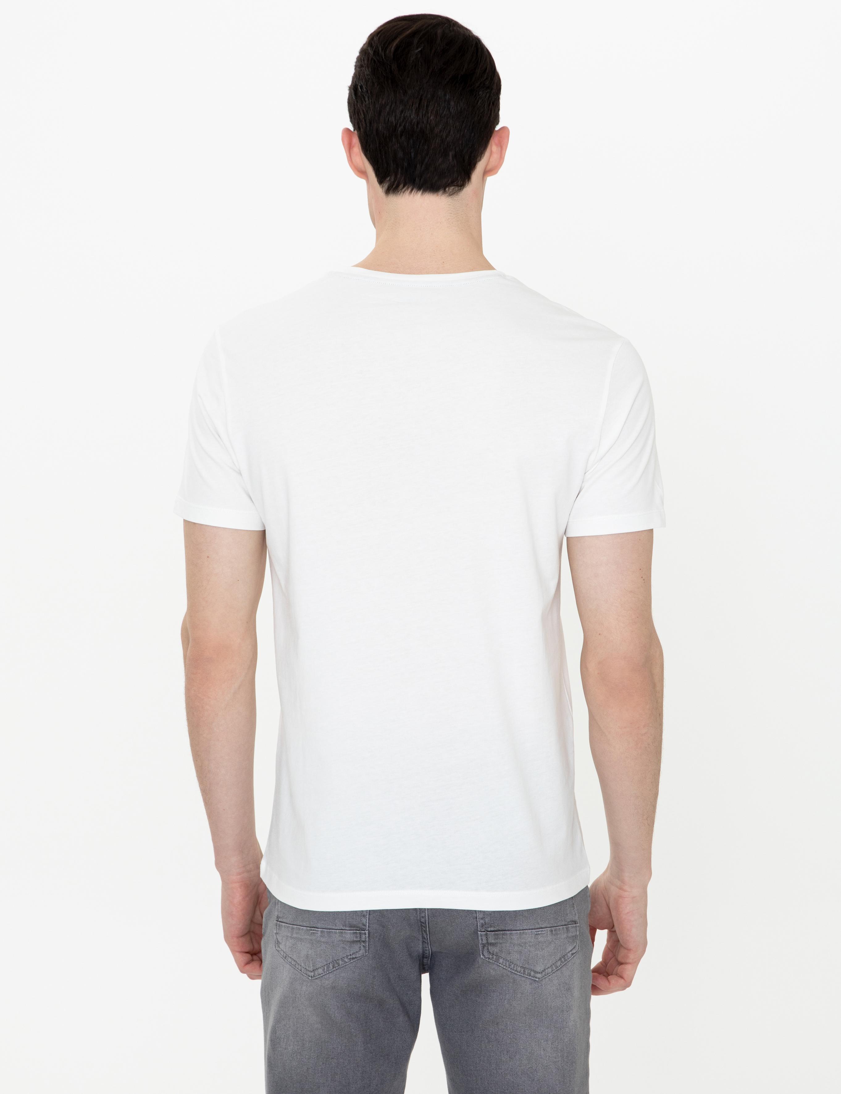 Ekru Slim Fit Baskılı Bisiklet Yaka Tişört