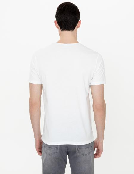 Ekru Slim Fit Baskılı Bisiklet Yaka Tişört - 50249799014