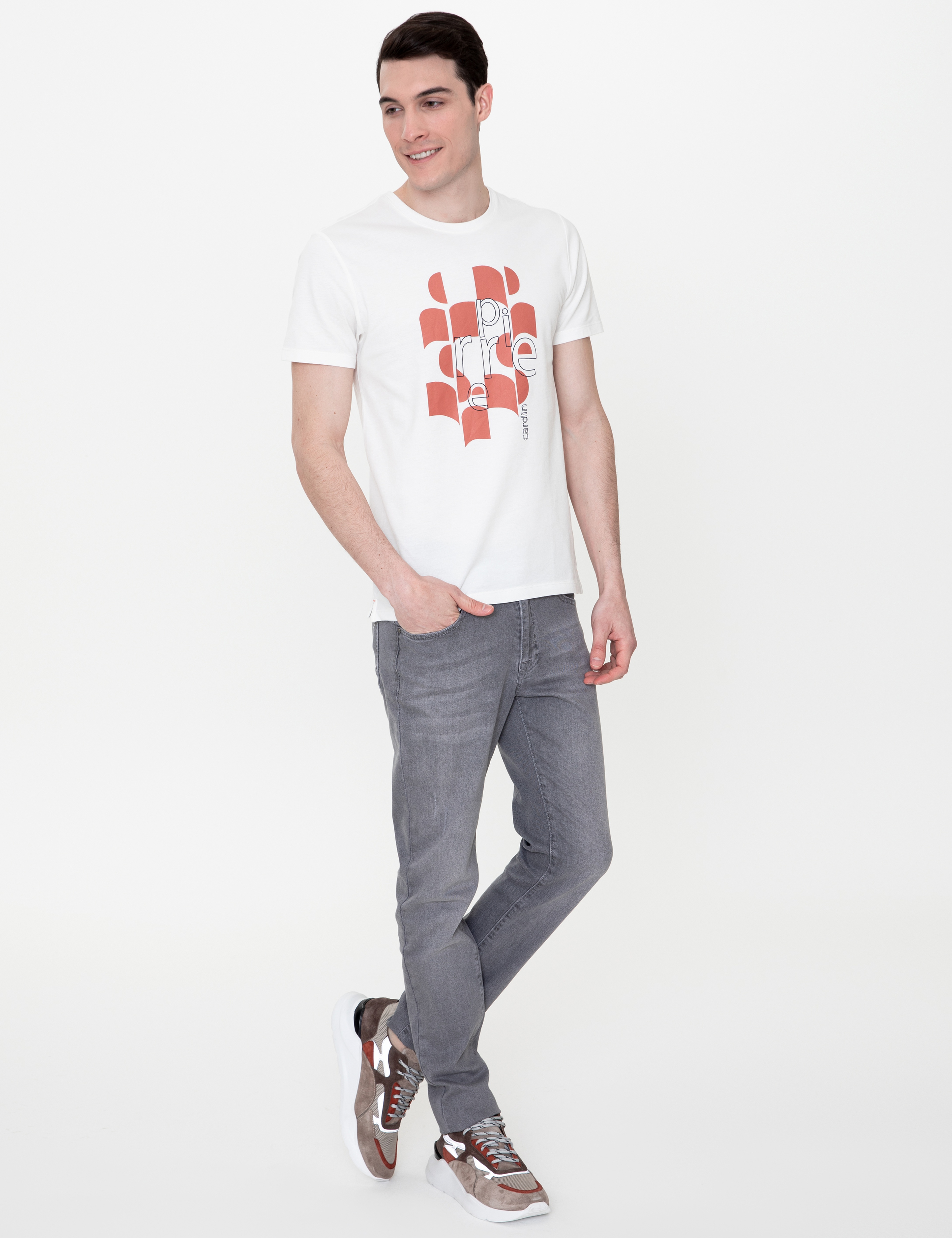 Ekru Slim Fit Bisiklet Yaka Tişört