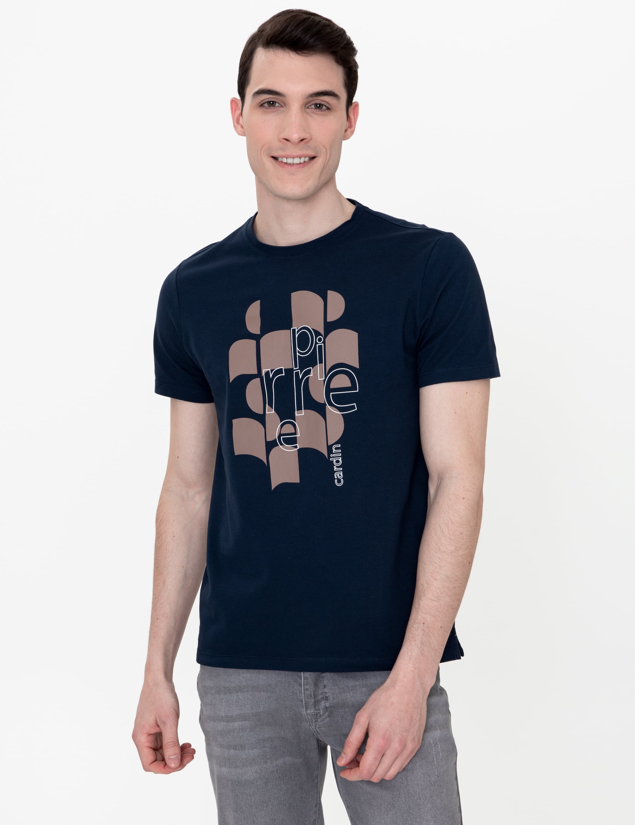 Lacivert Slim Fit Baskılı Bisiklet Yaka Tişört