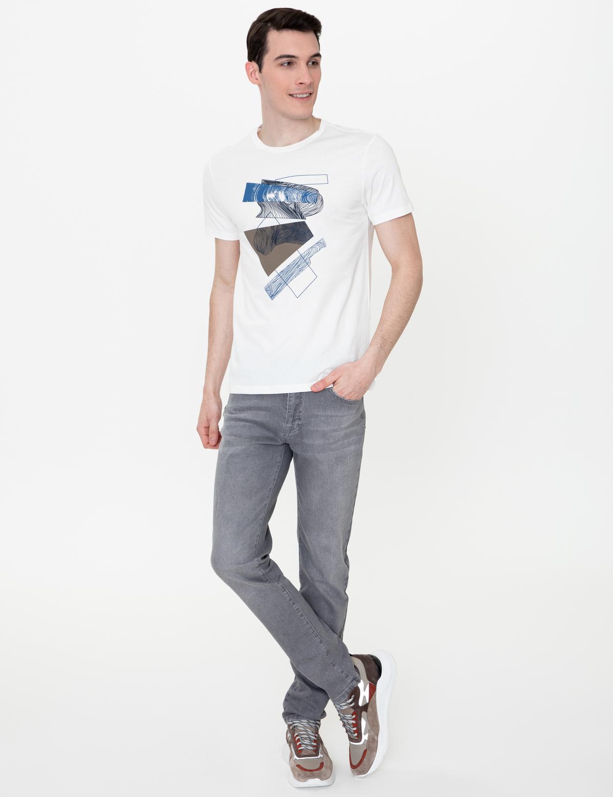 Ekru Slim Fit Baskılı Bisiklet Yaka Tişört - 50249799014