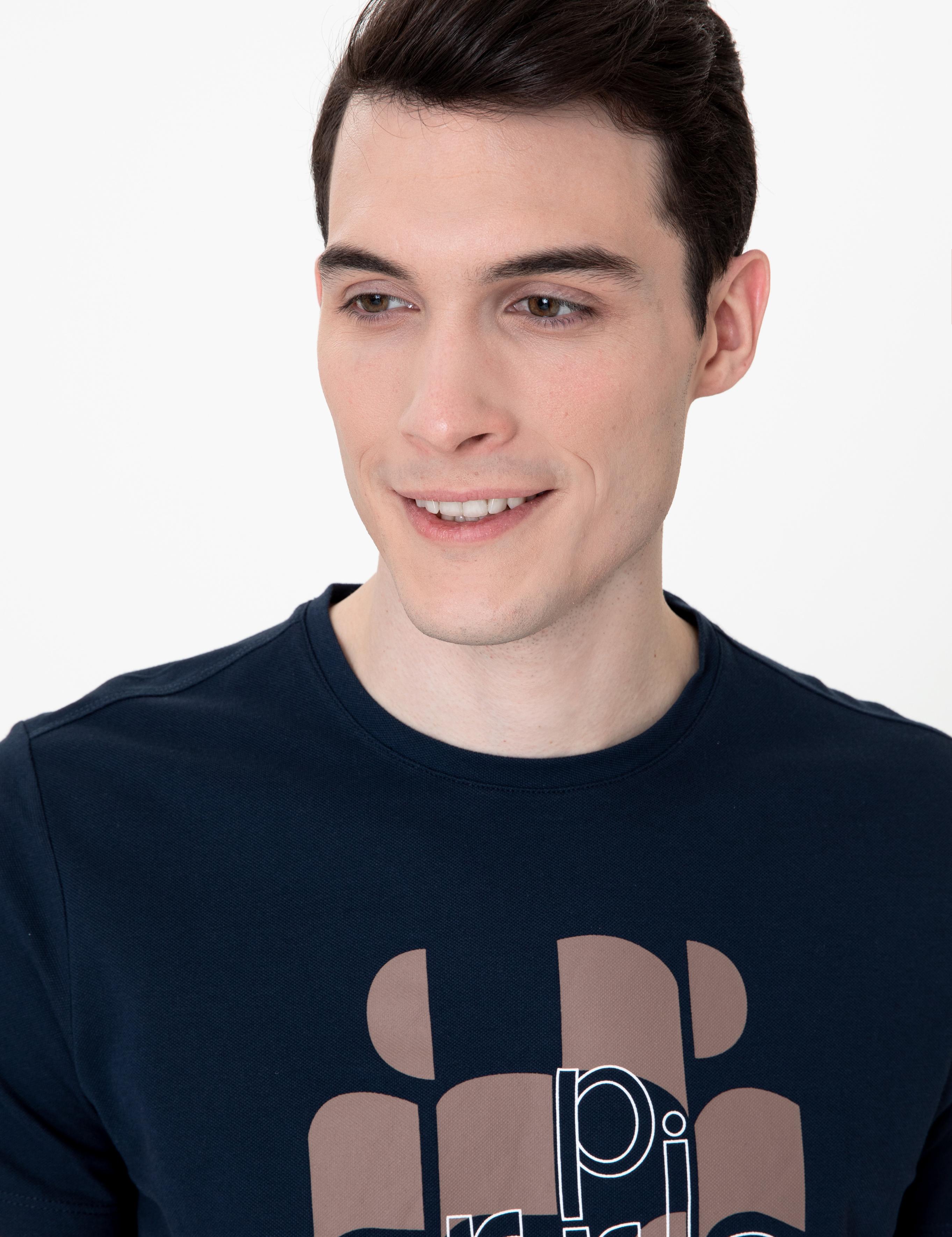 Lacivert Slim Fit Baskılı Bisiklet Yaka Tişört