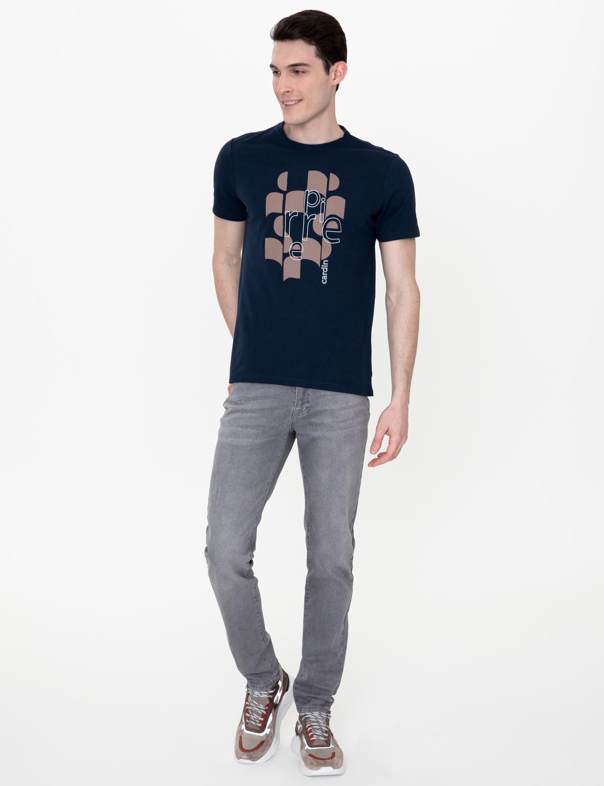 Lacivert Slim Fit Baskılı Bisiklet Yaka Tişört - 50249822015