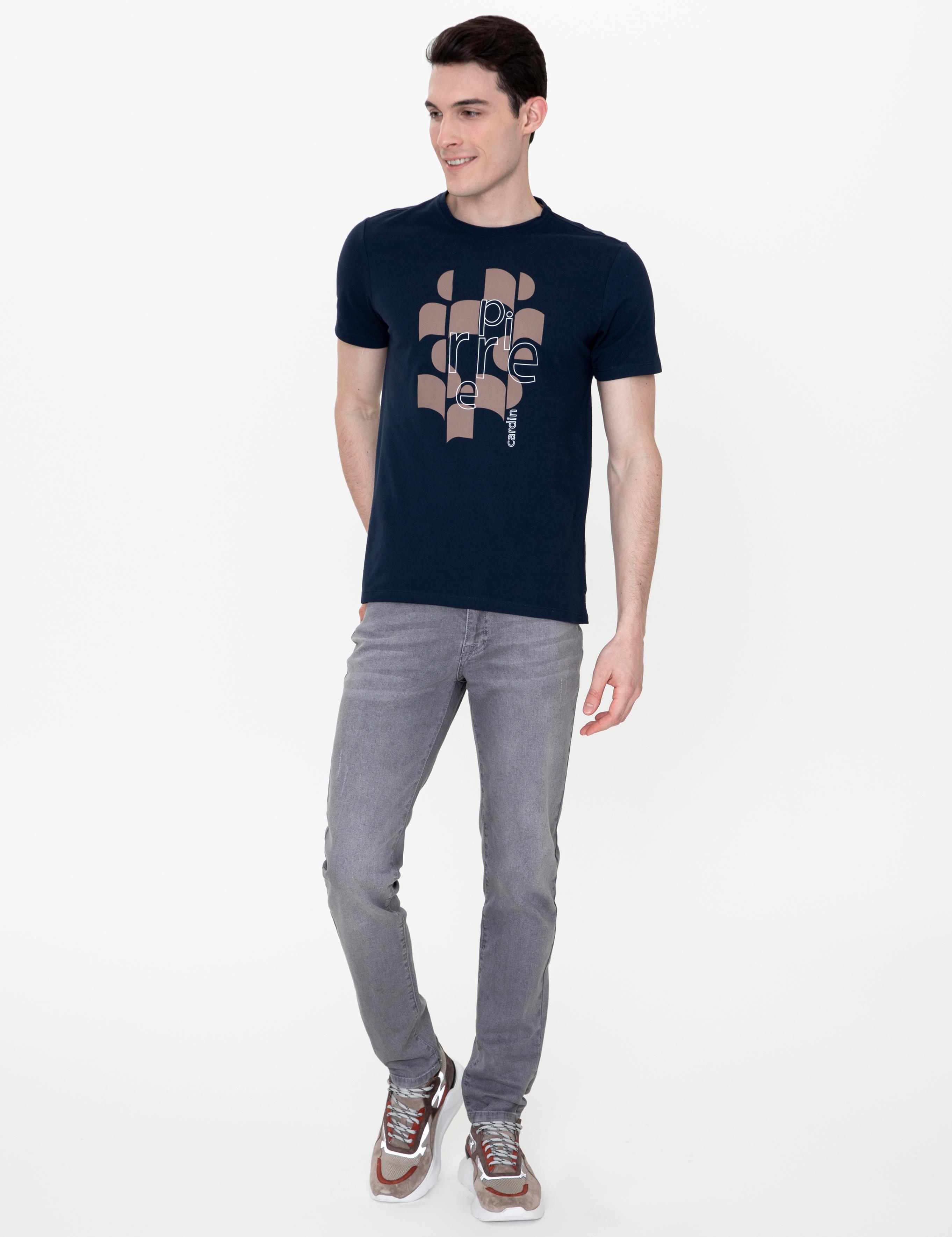 Lacivert Slim Fit Baskılı Bisiklet Yaka Tişört