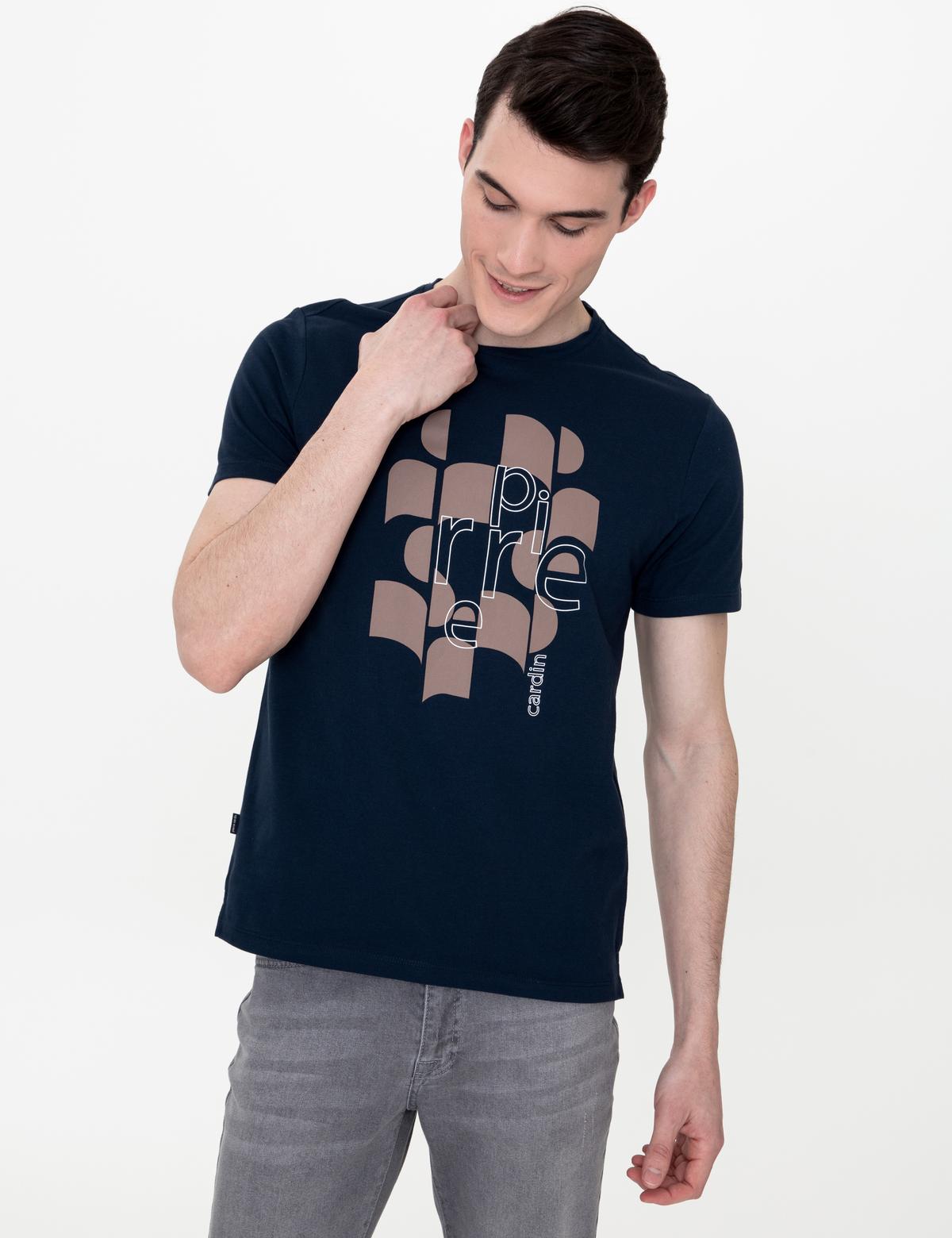 Lacivert Slim Fit Baskılı Bisiklet Yaka Tişört - 50249822015