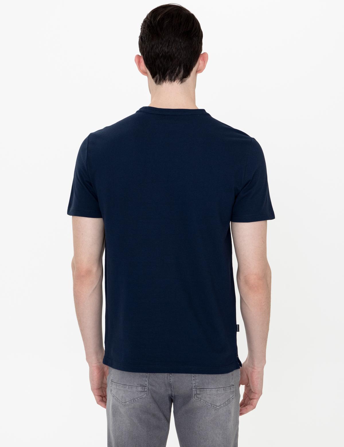 Lacivert Slim Fit Baskılı Bisiklet Yaka Tişört - 50249822015