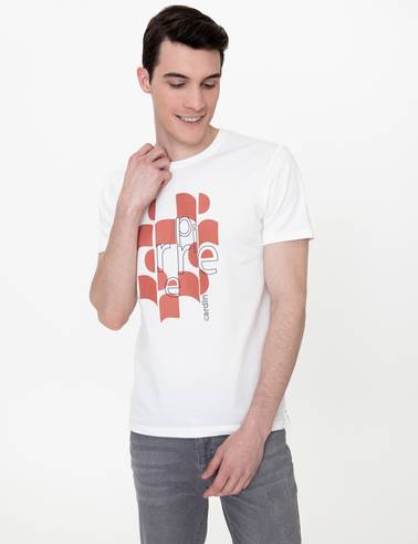 Ekru Slim Fit Bisiklet Yaka Tişört