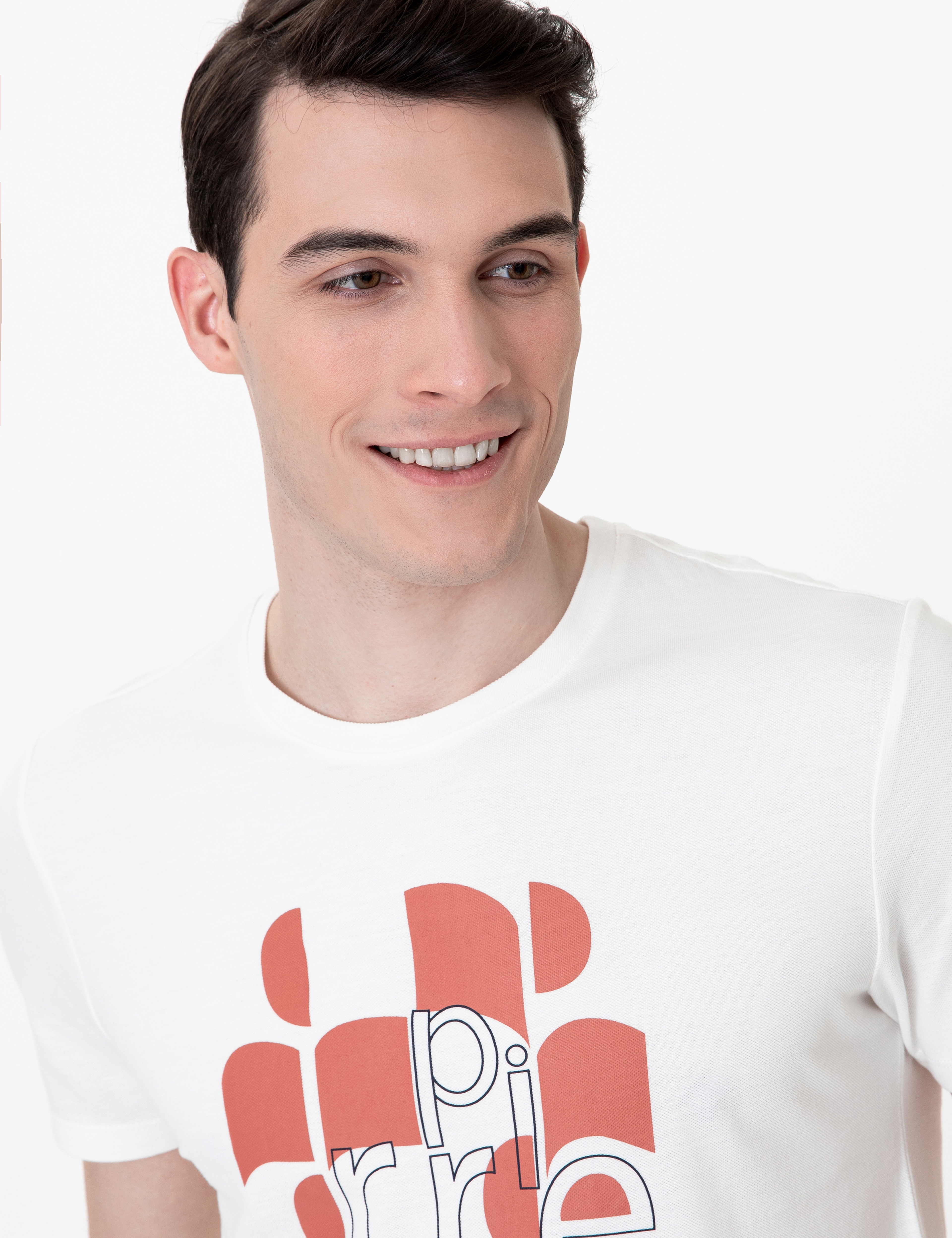 Ekru Slim Fit Bisiklet Yaka Tişört - Image 2