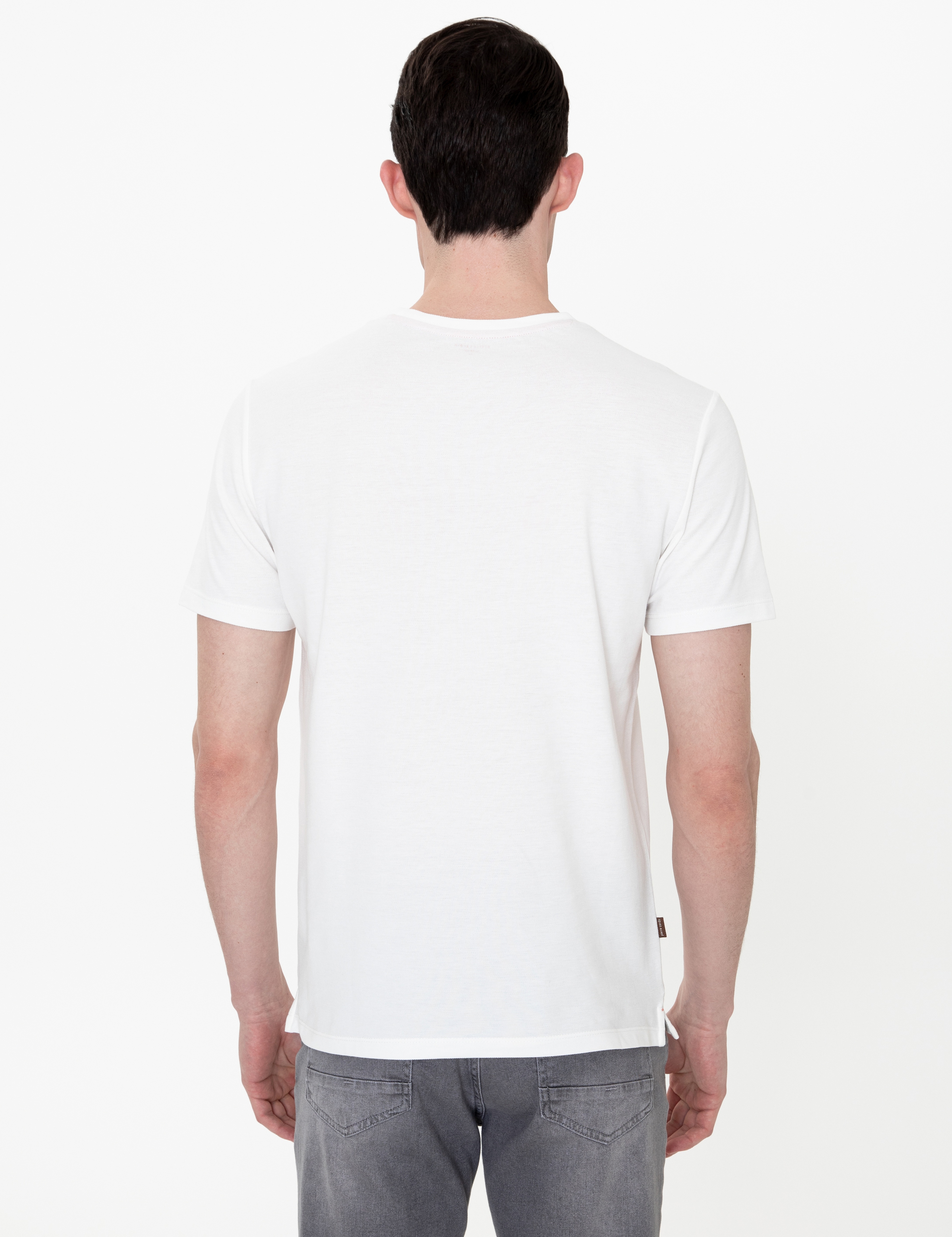 Ekru Slim Fit Bisiklet Yaka Tişört - Image 4