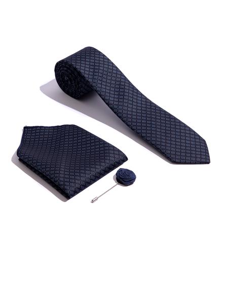 Lacivert 3'lü Kravat Mendil Set - 50252878002