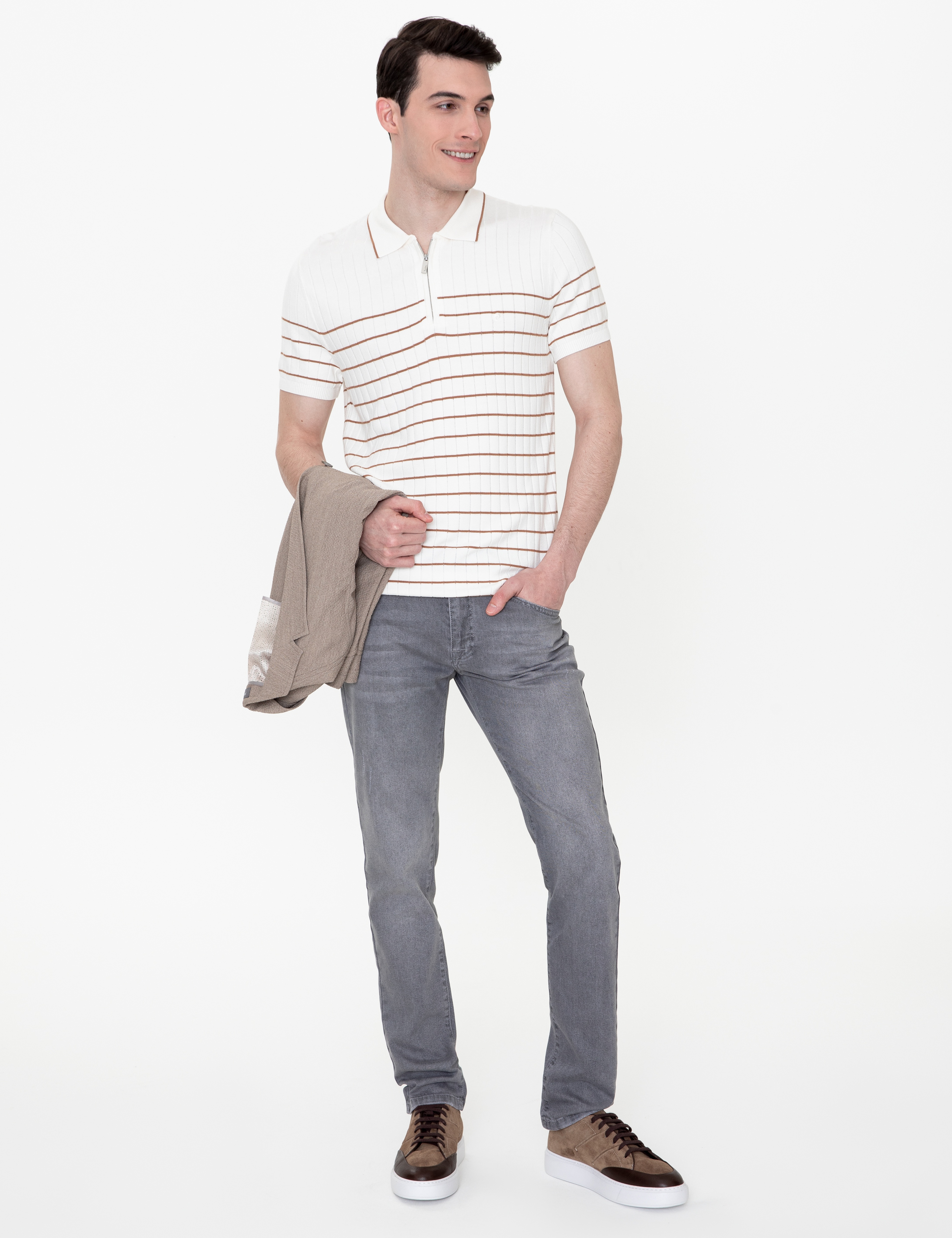 Ekru Slim Fit Fermuarlı Polo Yaka Triko Tişört - Image 5
