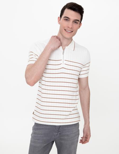 Ekru Slim Fit Fermuarlı Polo Yaka Triko Tişört - 50249694014