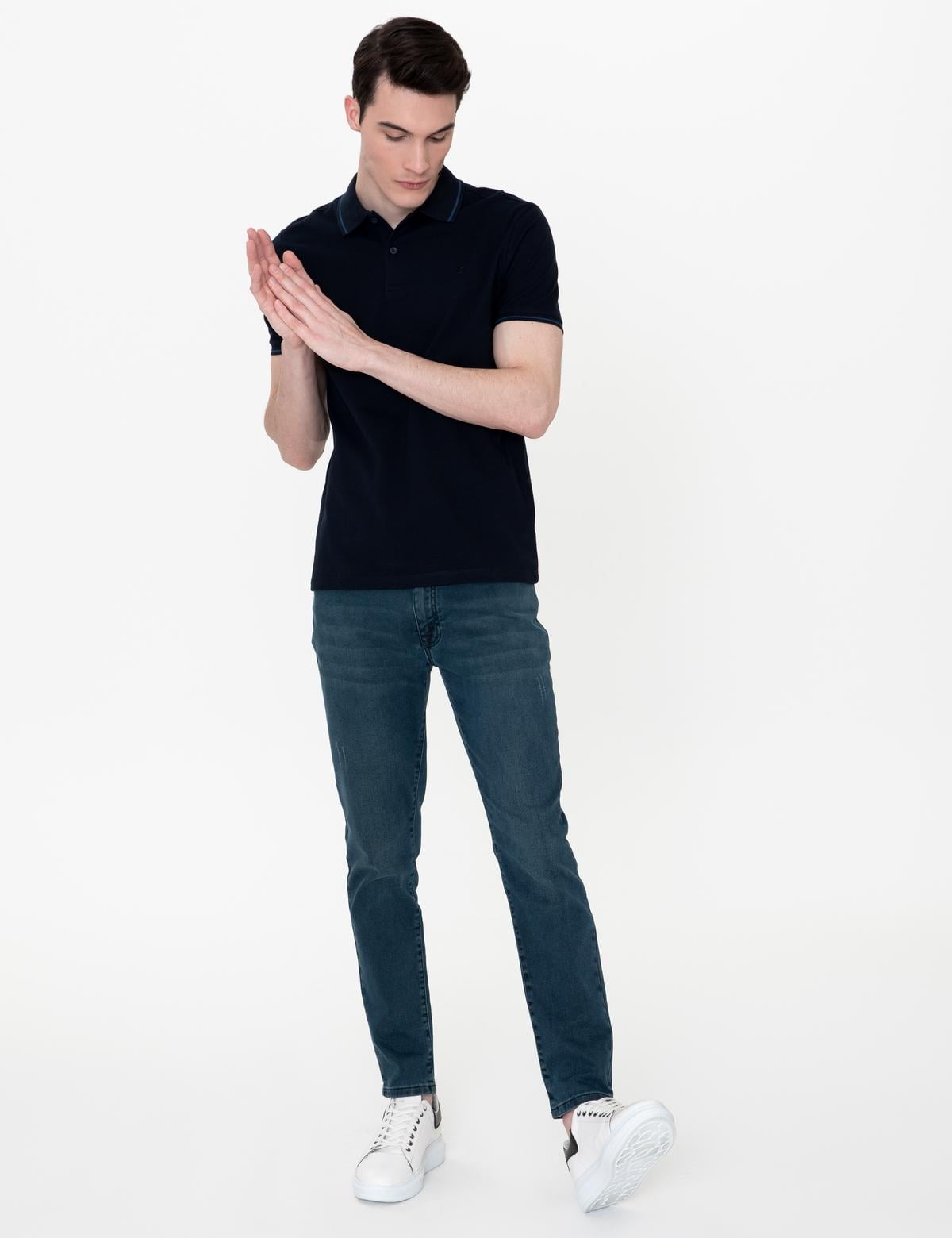 Koyu Lacivert Slim Fit Polo Yaka Basic Tişört - 50252448164