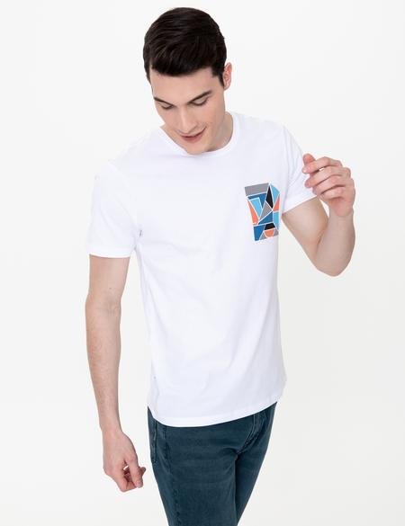 Beyaz Slim Fit Baskılı Bisiklet Yaka Tişört - 50249701004