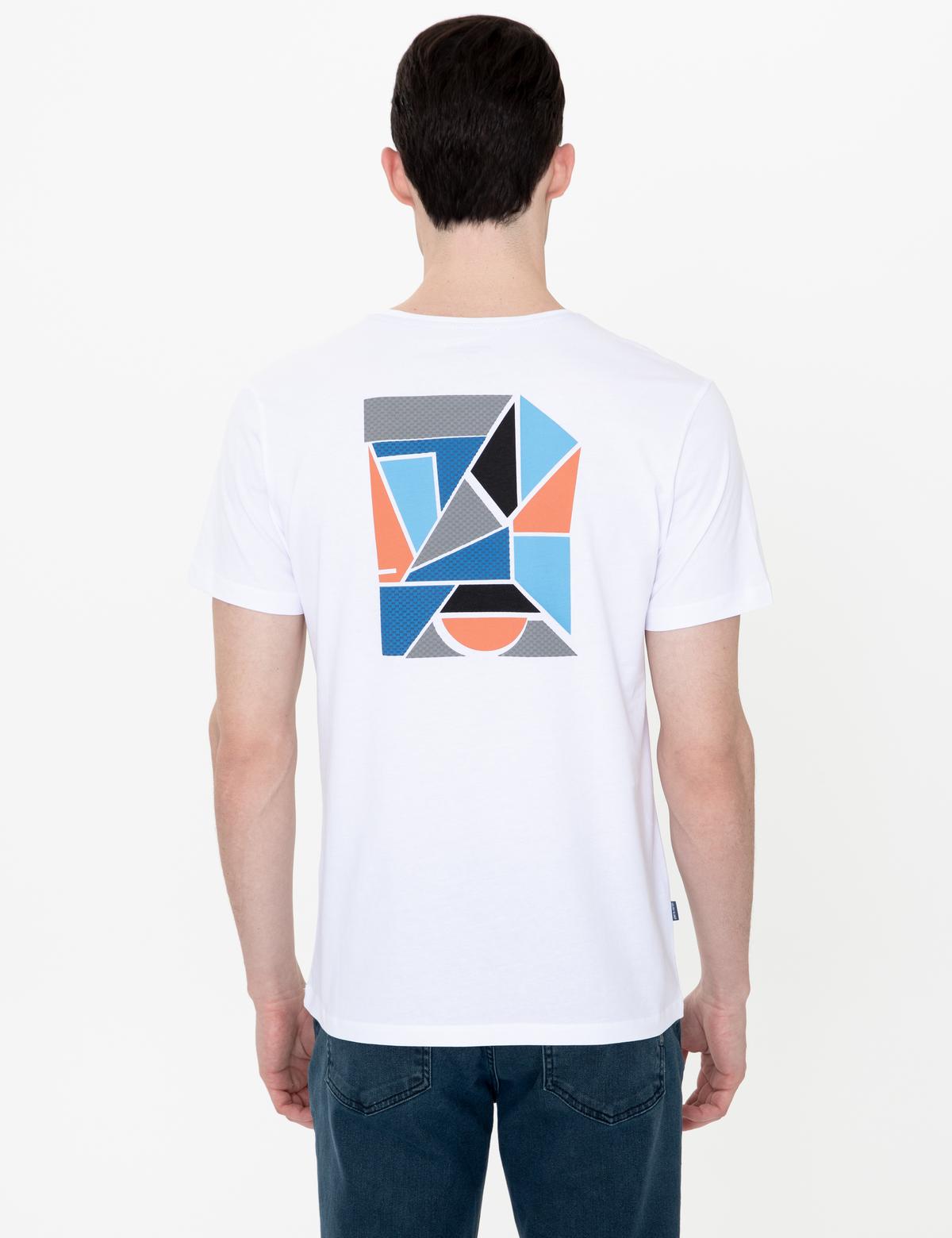 Beyaz Slim Fit Baskılı Bisiklet Yaka Tişört - 50249701004