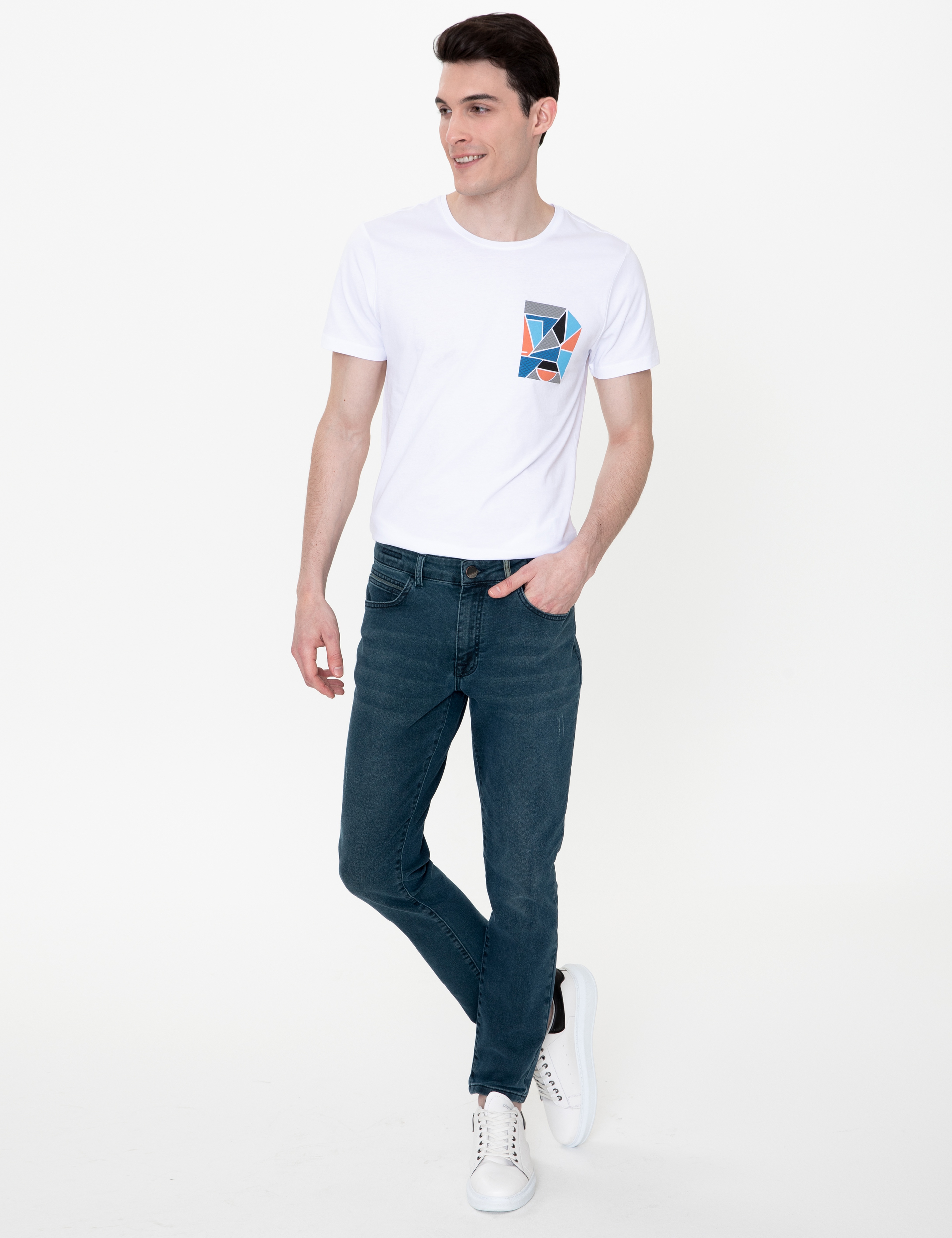Beyaz Slim Fit Baskılı Bisiklet Yaka Tişört - Image 4