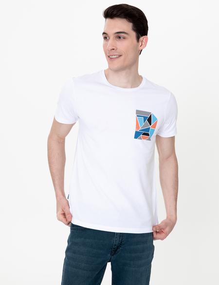 Beyaz Slim Fit Baskılı Bisiklet Yaka Tişört - 50249701004