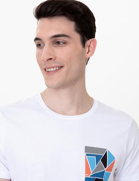 Beyaz Slim Fit Baskılı Bisiklet Yaka Tişört - 50249701004