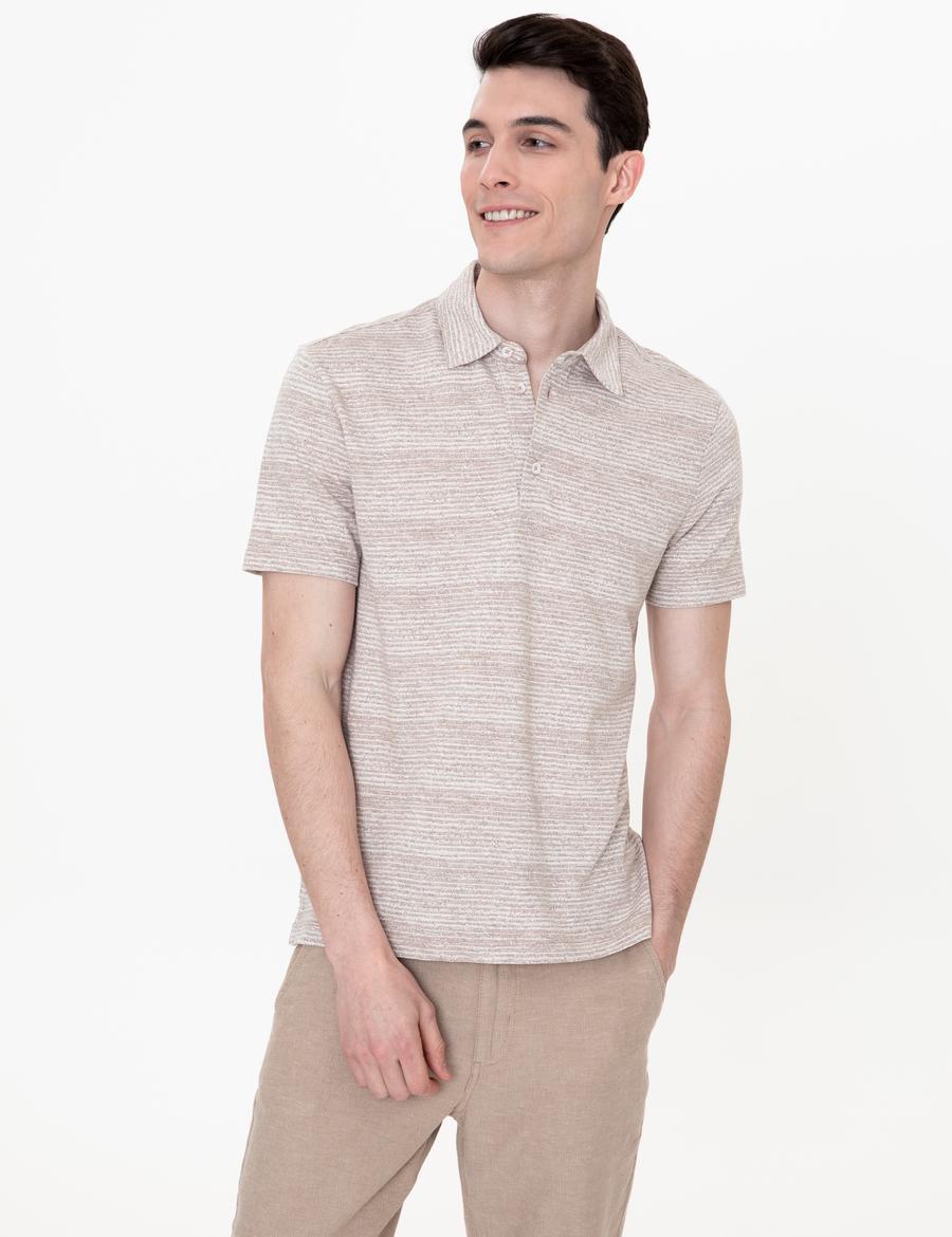Bej Dokulu Slim Fit Polo Yaka Tişört