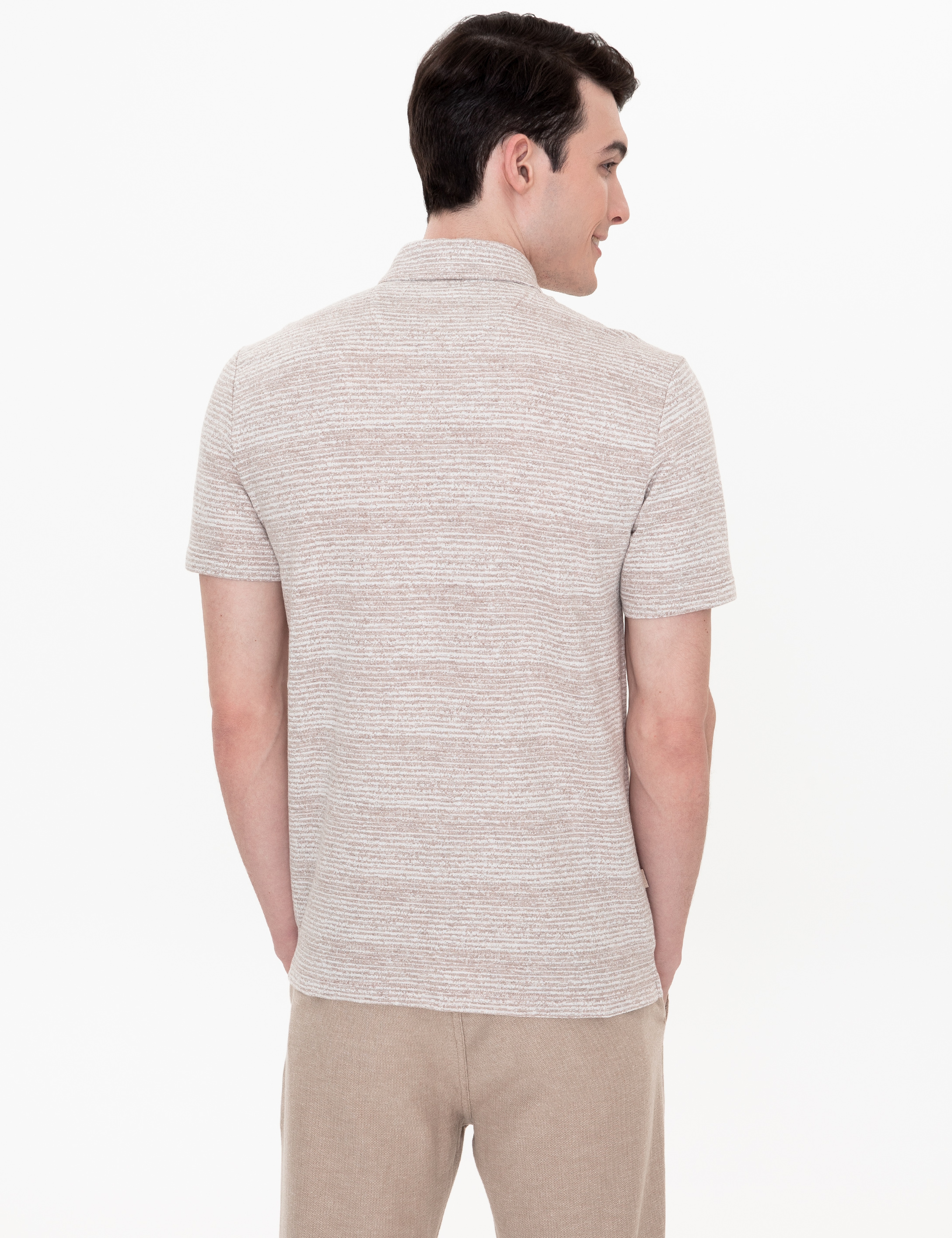 Bej Dokulu Slim Fit Polo Yaka Tişört - Image 5