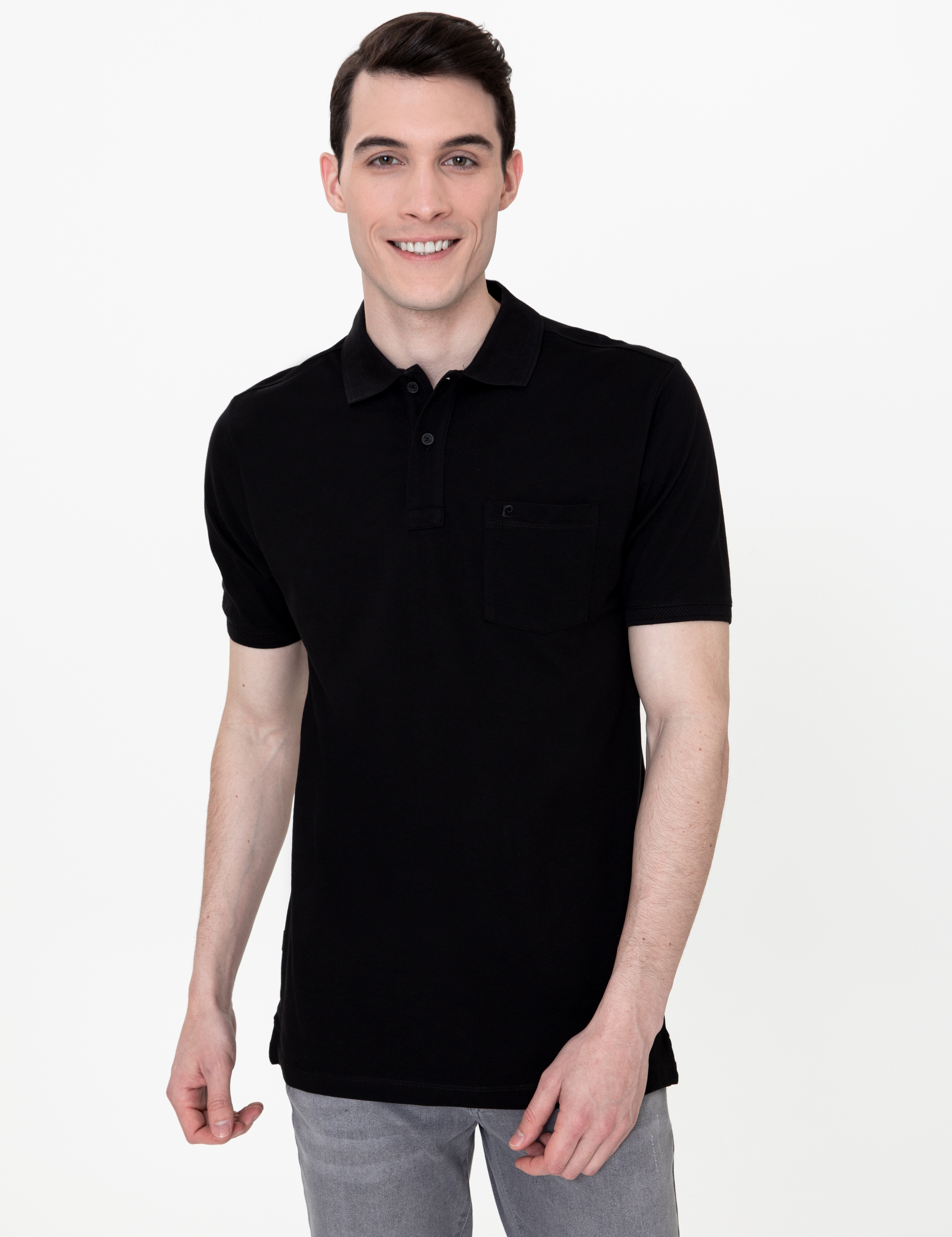 Siyah Regular Fit %100 Pamuk Düğmeli Polo Yaka Basic Tişört - Image 1