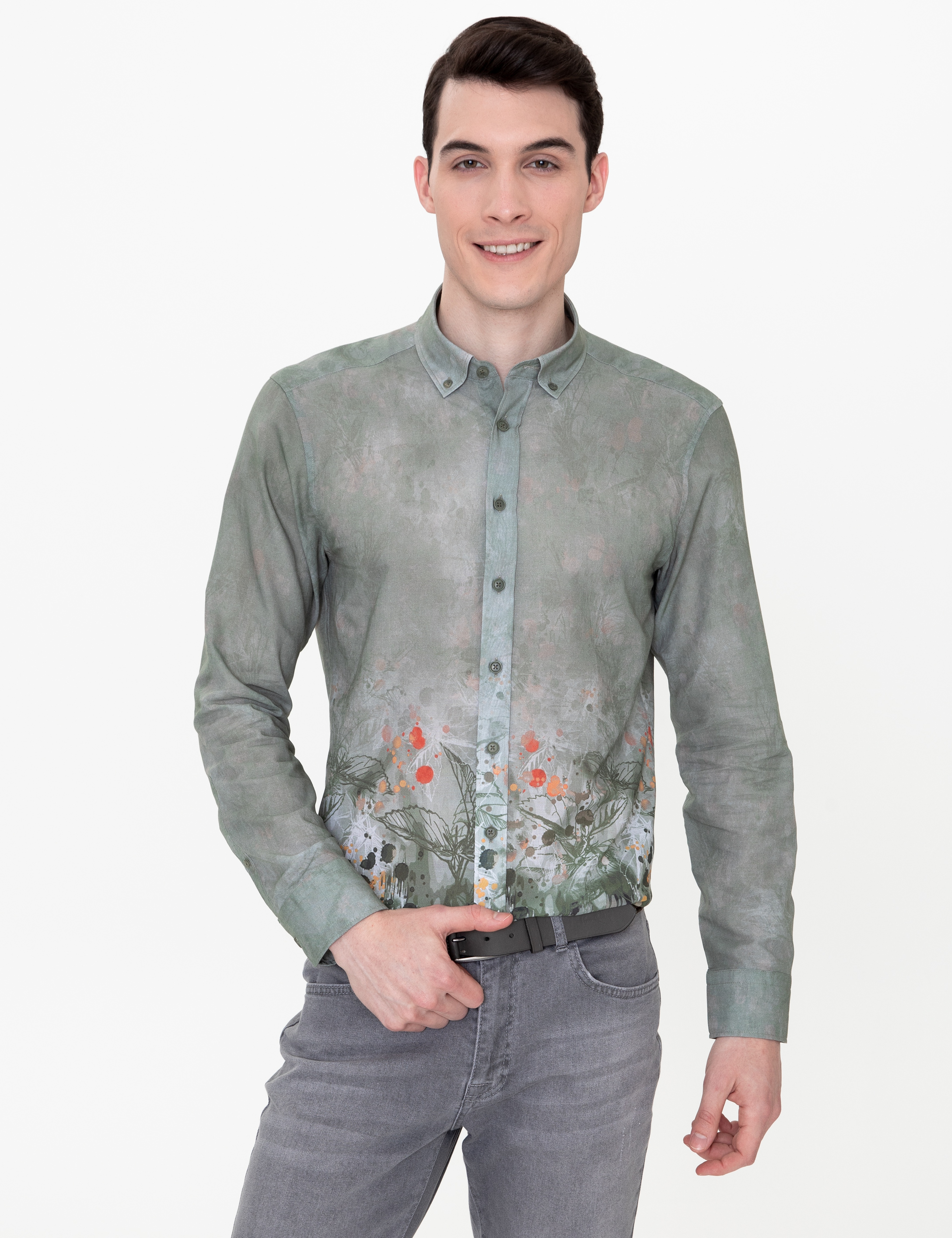 Haki Slim Fit Uzun Kollu Gömlek