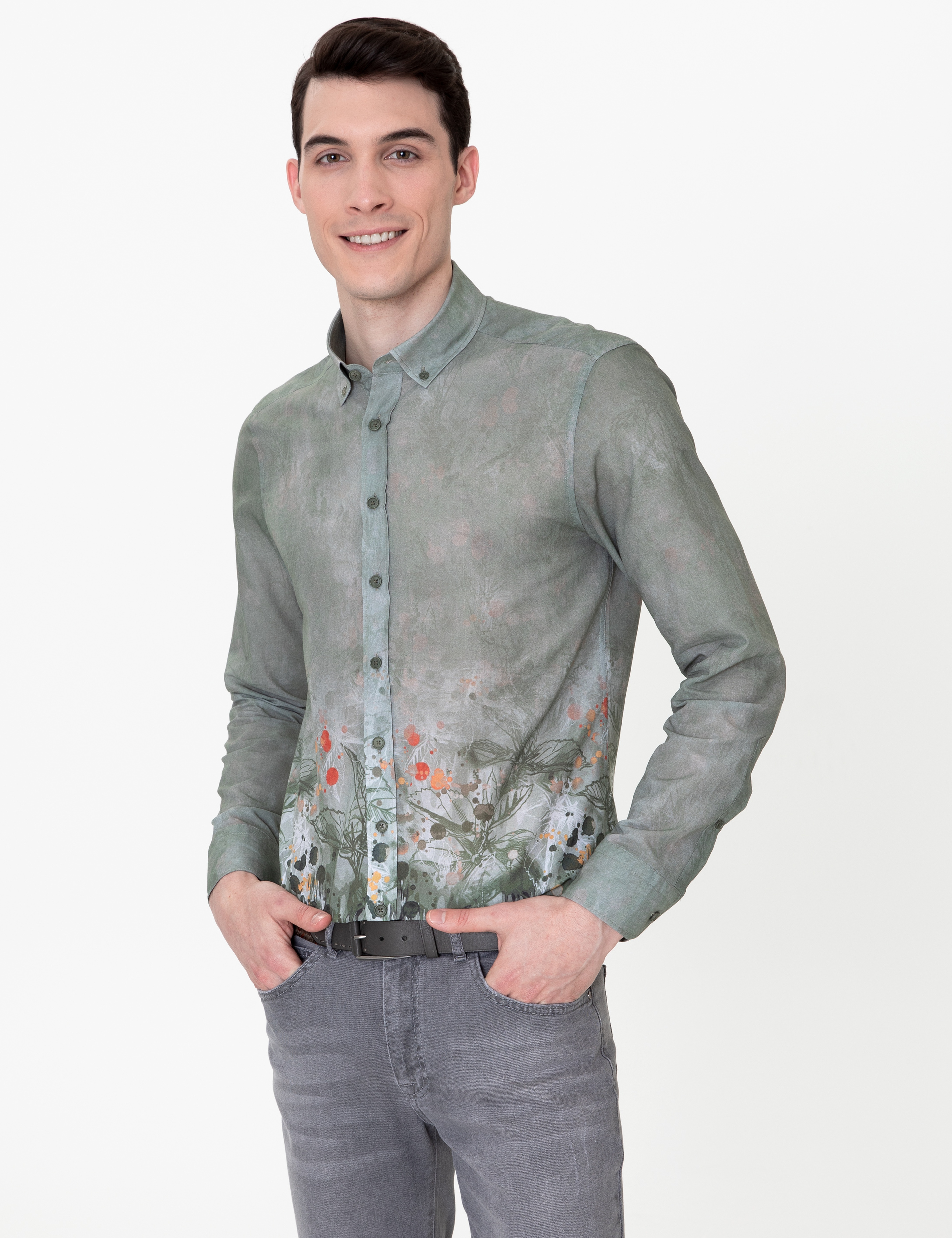 Haki Slim Fit Uzun Kollu Gömlek - Image 3