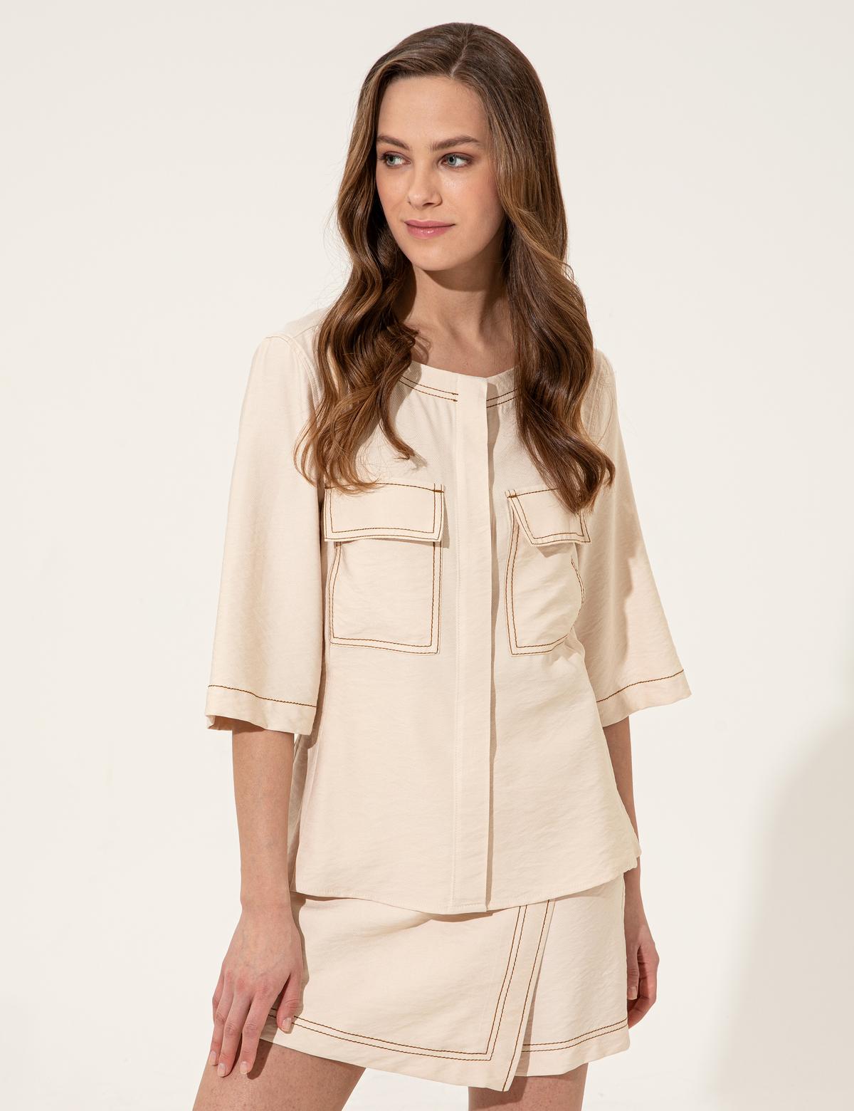 Krem Crop Top Uzun Kollu Gömlek - 50246386001