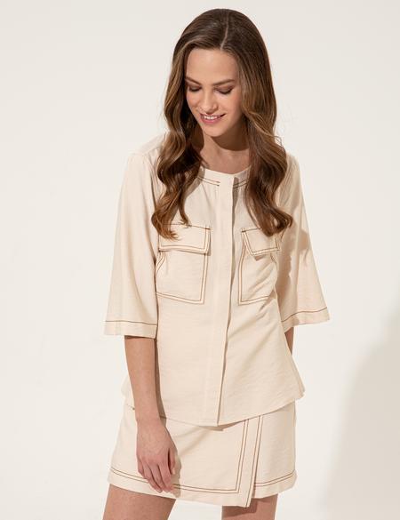 Krem Crop Top Uzun Kollu Gömlek - 50246386001