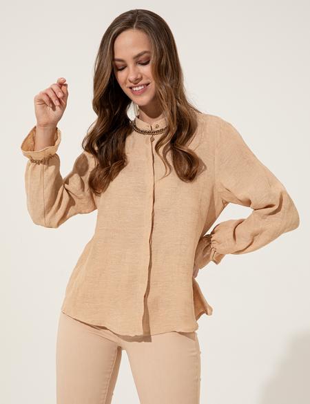 Bej Keten Karışımlı Gömlek - 50247491011