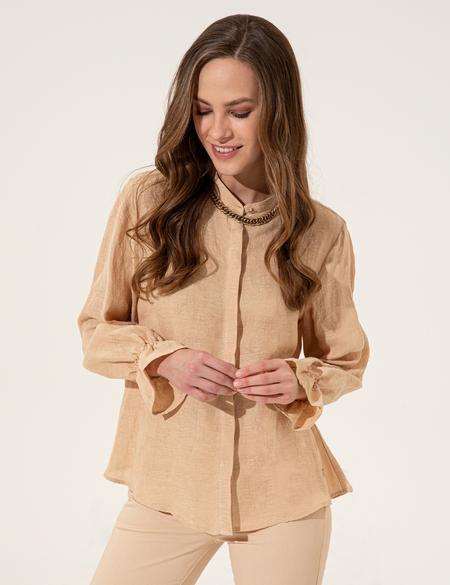 Bej Keten Karışımlı Gömlek - 50247491011