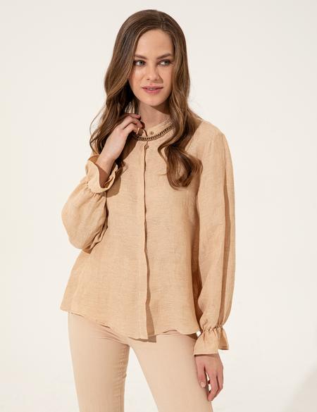 Bej Keten Karışımlı Gömlek - 50247491011