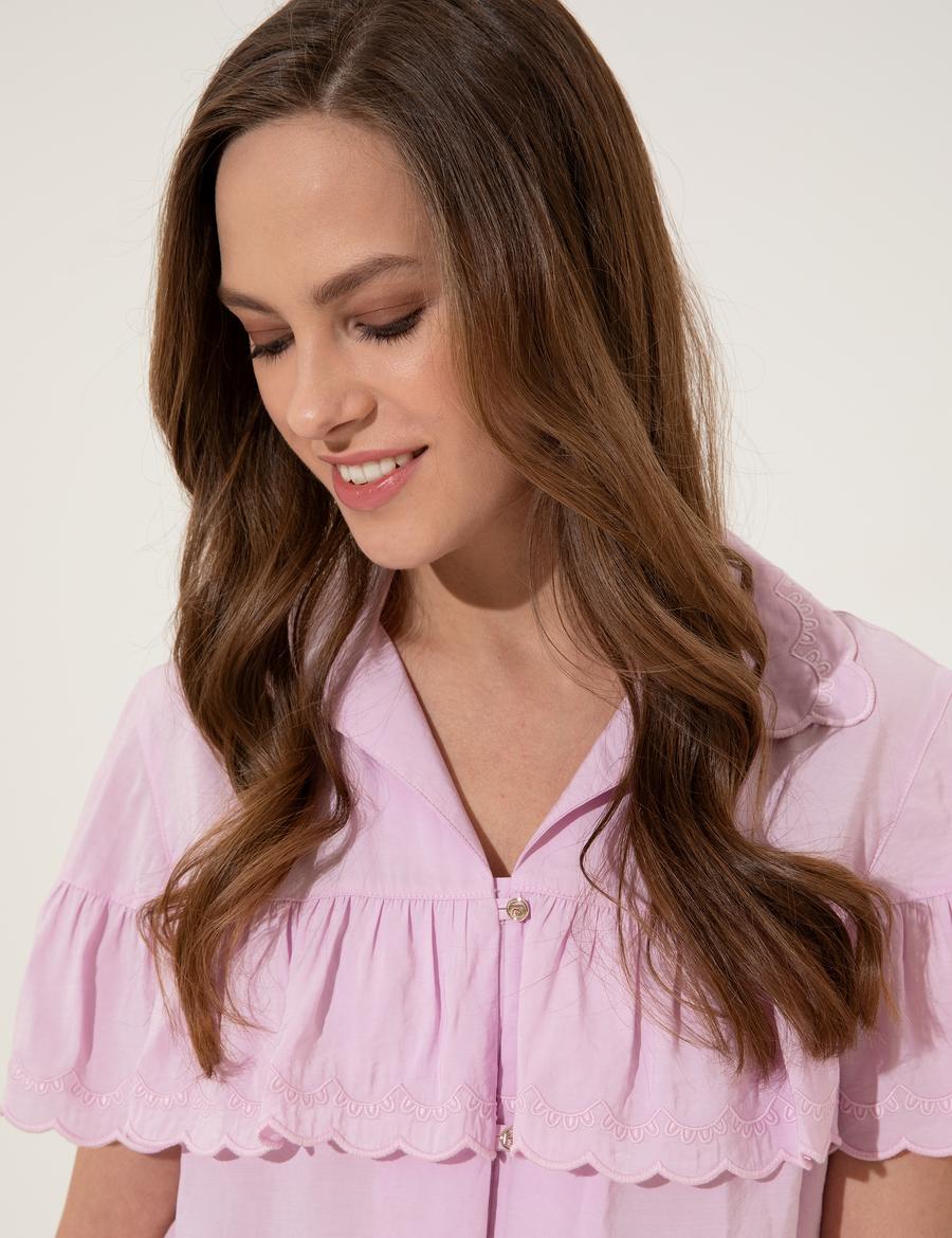 Lila Crop Top Kısa Kollu Gömlek