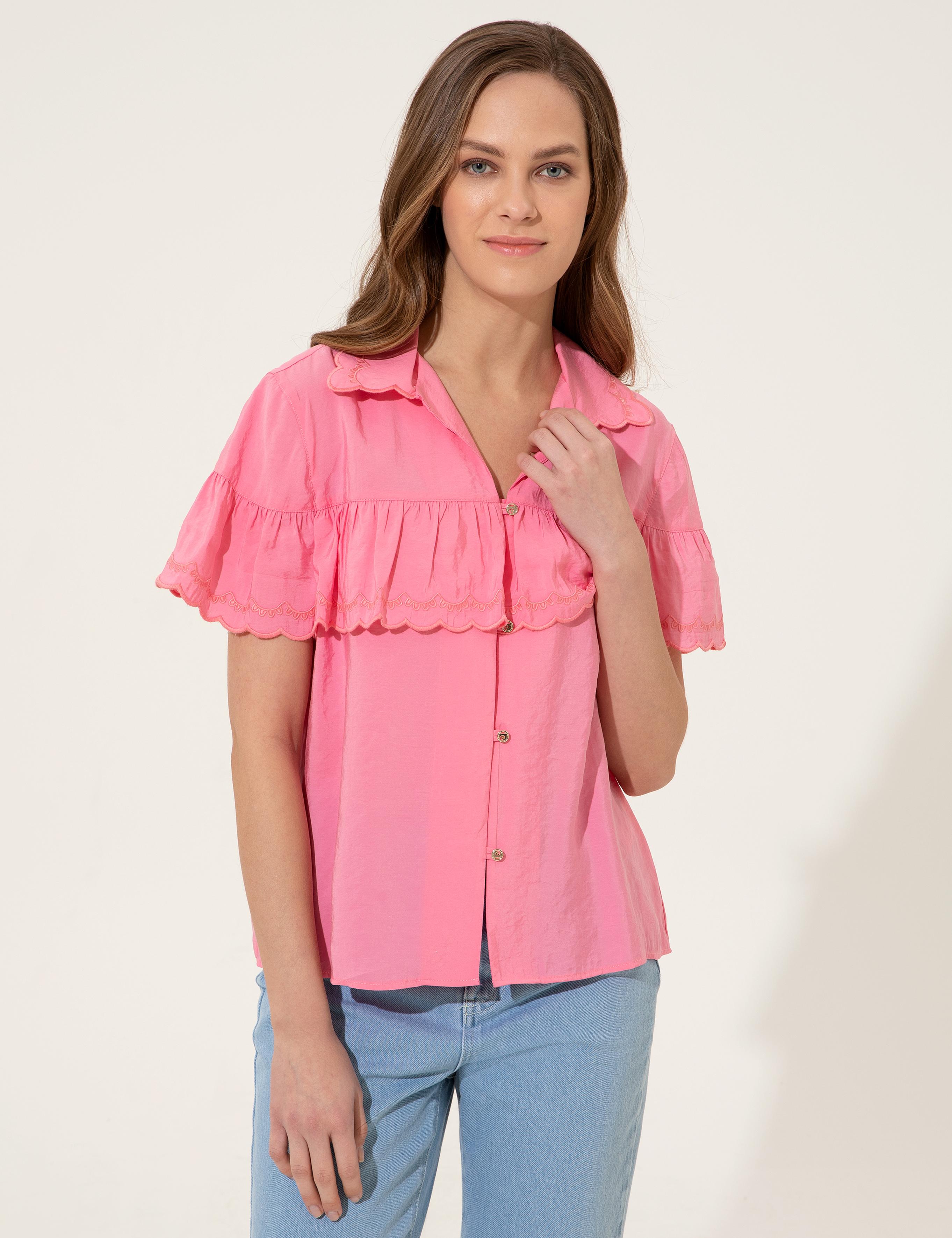 Fuşya Crop Top Kısa Kollu Gömlek