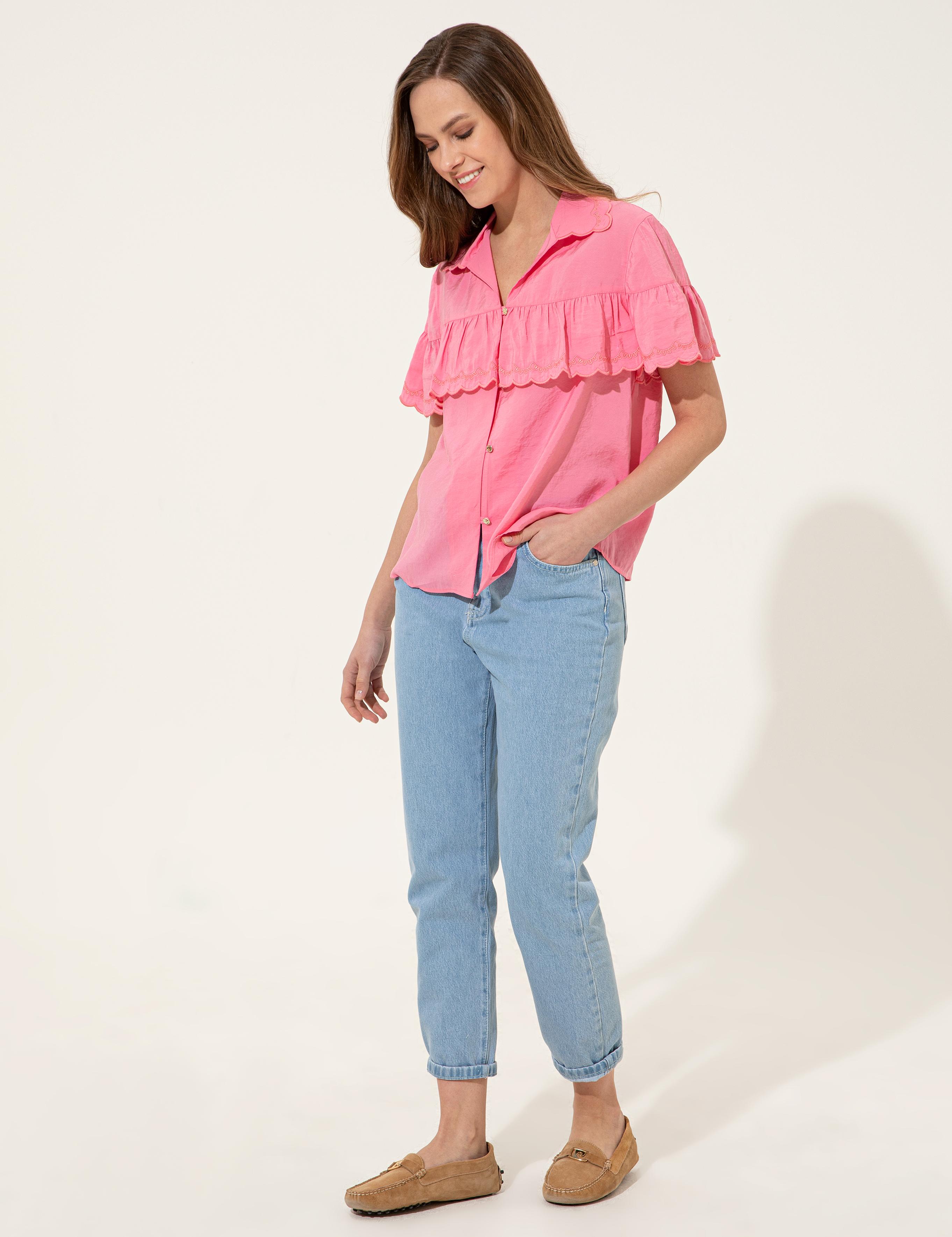 Fuşya Crop Top Kısa Kollu Gömlek